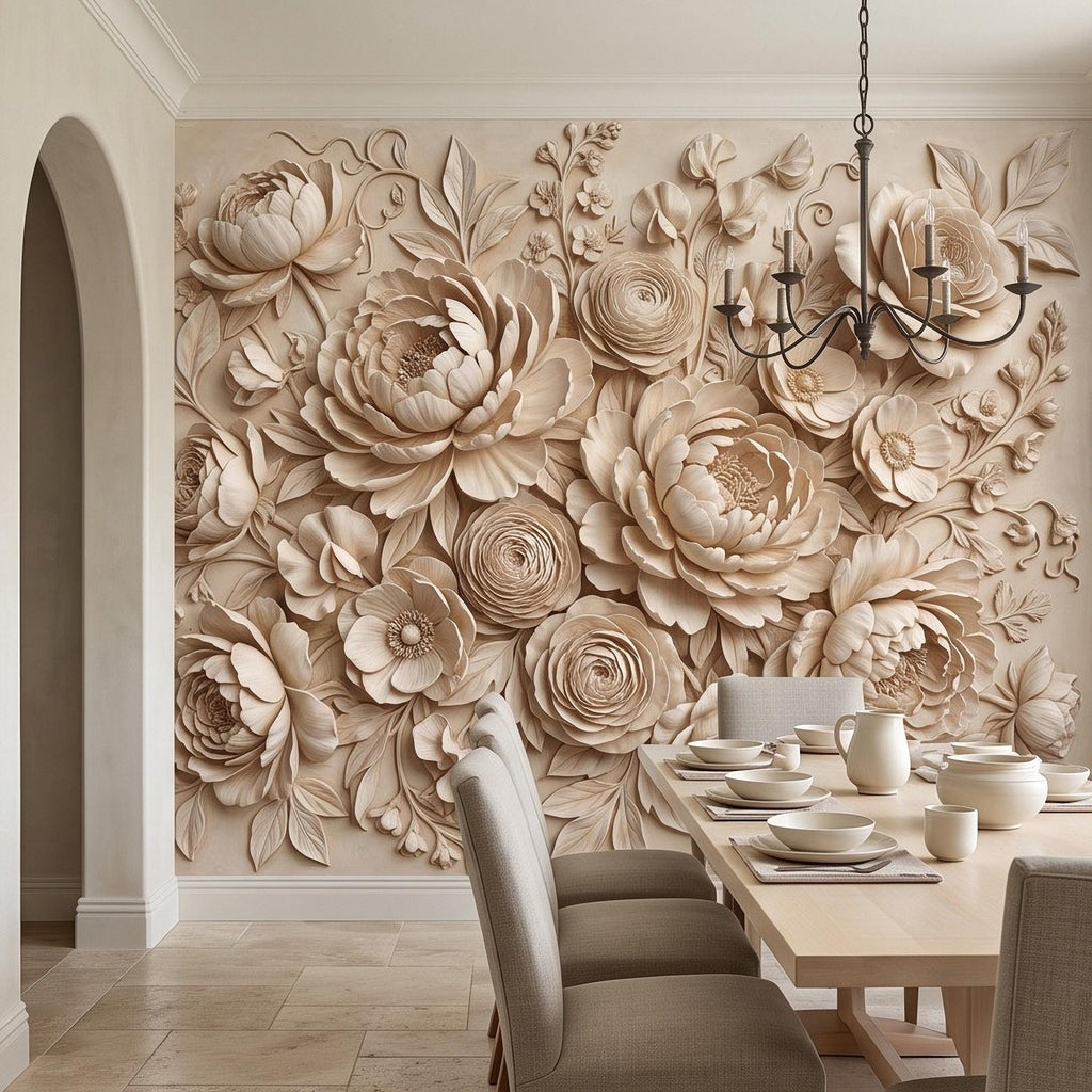 Floral Peel and Stick Wall Mural, Sculpted Peony Rose Botanical Relief Warm Ivory Embossed Plaster Look Luxury Wallpaper