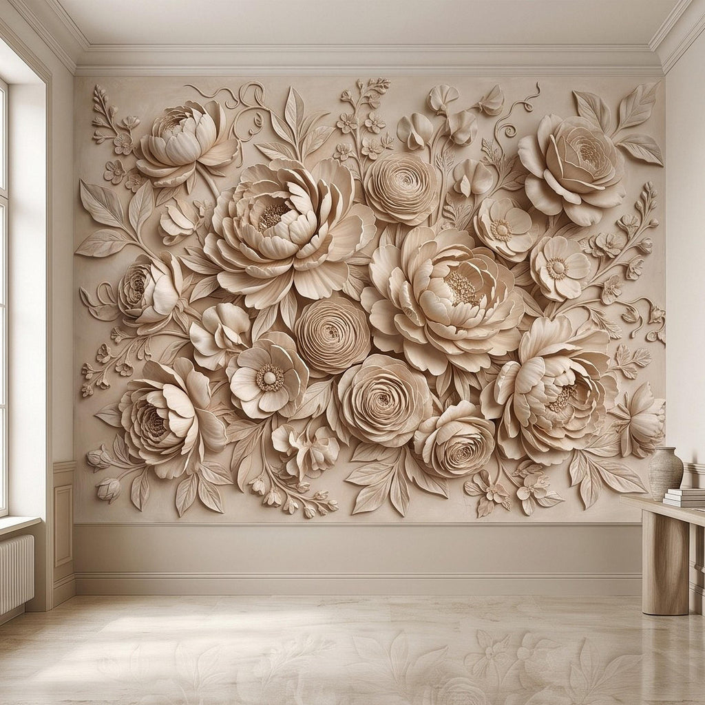 Floral Peel and Stick Wall Mural, Sculpted Peony Rose Botanical Relief Warm Ivory Embossed Plaster Look Luxury Wallpaper