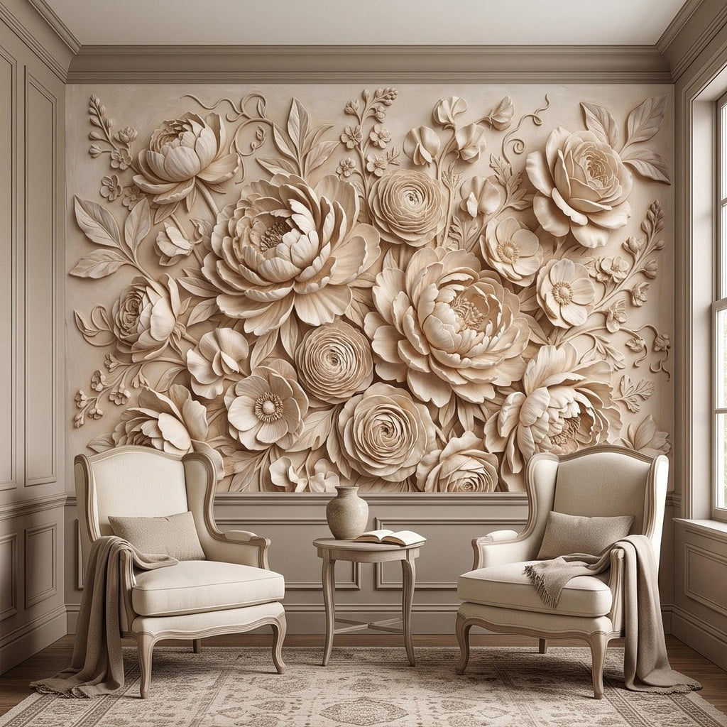 Floral Peel and Stick Wall Mural, Sculpted Peony Rose Botanical Relief Warm Ivory Embossed Plaster Look Luxury Wallpaper
