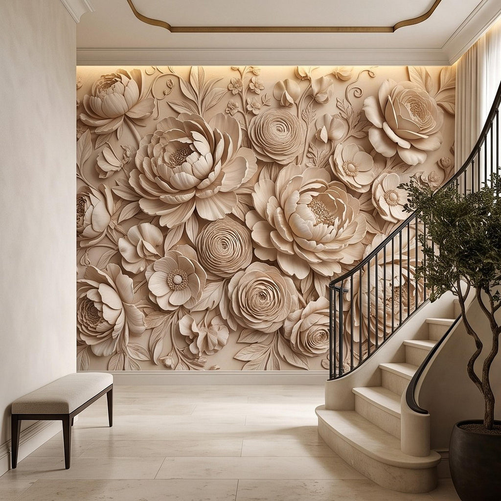 Floral Peel and Stick Wall Mural, Sculpted Peony Rose Botanical Relief Warm Ivory Embossed Plaster Look Luxury Wallpaper