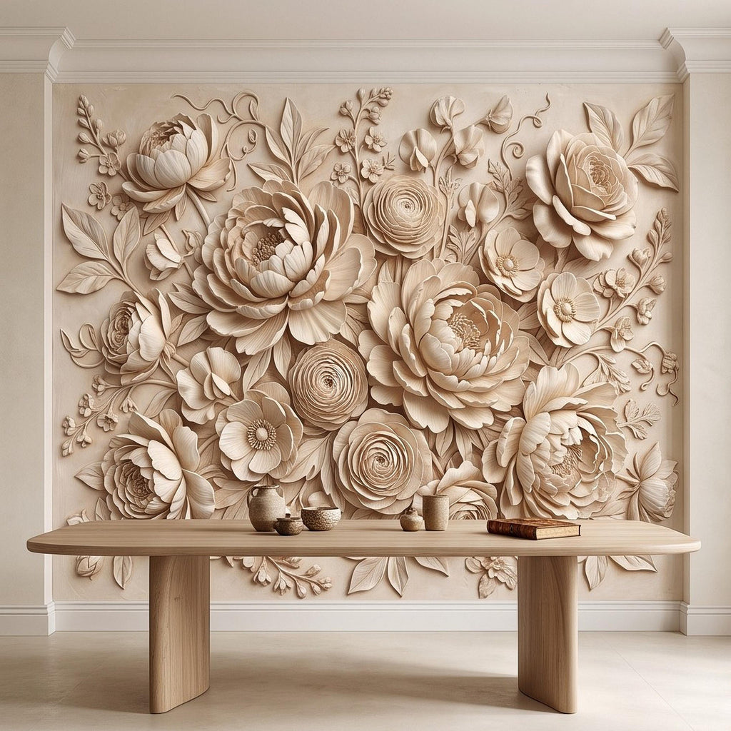 Floral Peel and Stick Wall Mural, Sculpted Peony Rose Botanical Relief Warm Ivory Embossed Plaster Look Luxury Wallpaper