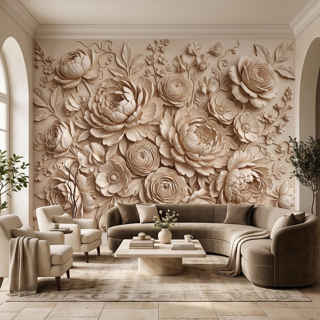 Floral Peel and Stick Wall Mural, Sculpted Peony Rose Botanical Relief Warm Ivory Embossed Plaster Look Luxury Wallpaper