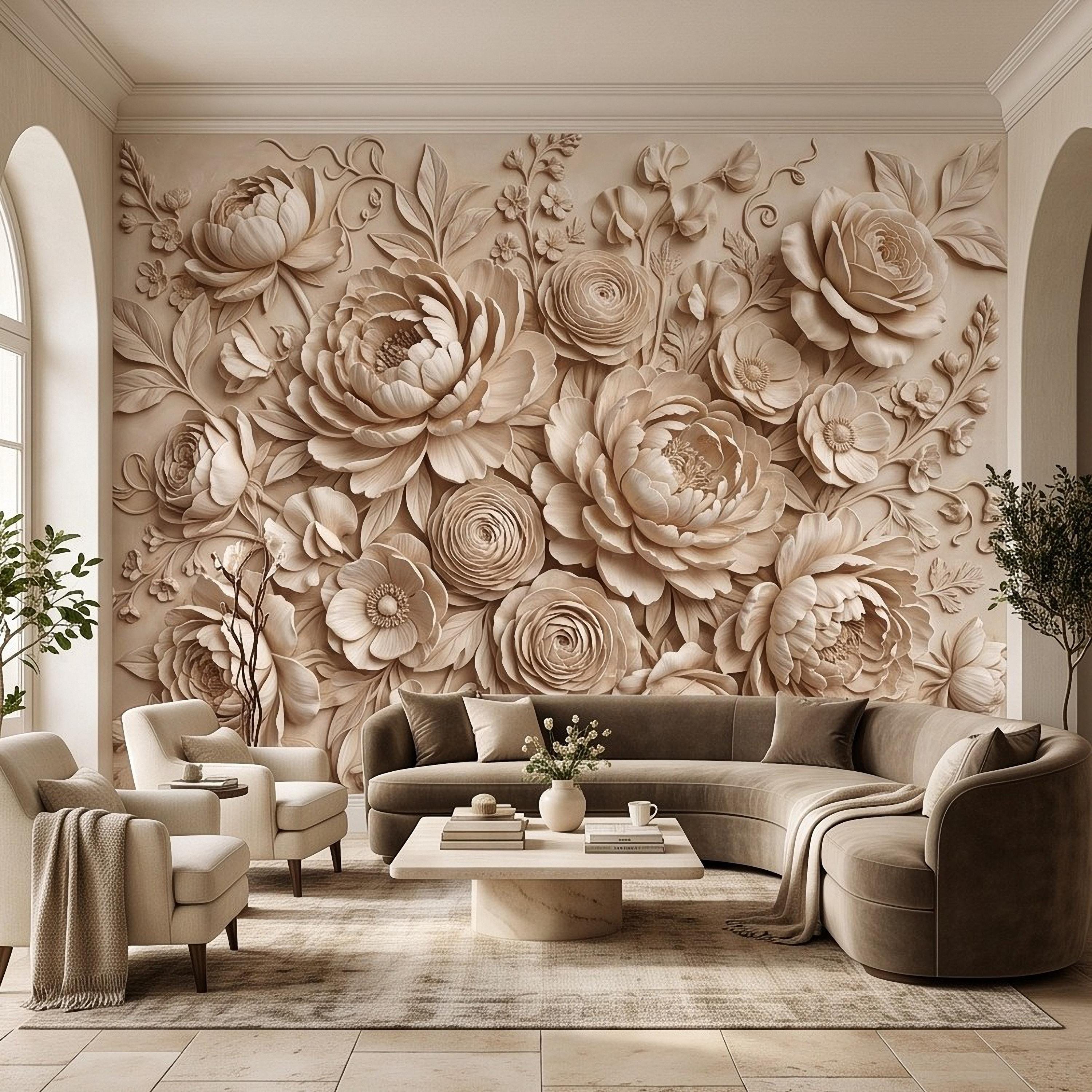Floral Peel and Stick Wall Mural, Sculpted Peony Rose Botanical Relief Warm Ivory Embossed Plaster Look Luxury Wallpaper