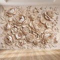 Floral Peel and Stick Wall Mural, Sculpted Peony Rose Botanical Relief Warm Ivory Embossed Plaster Look Luxury Wallpaper