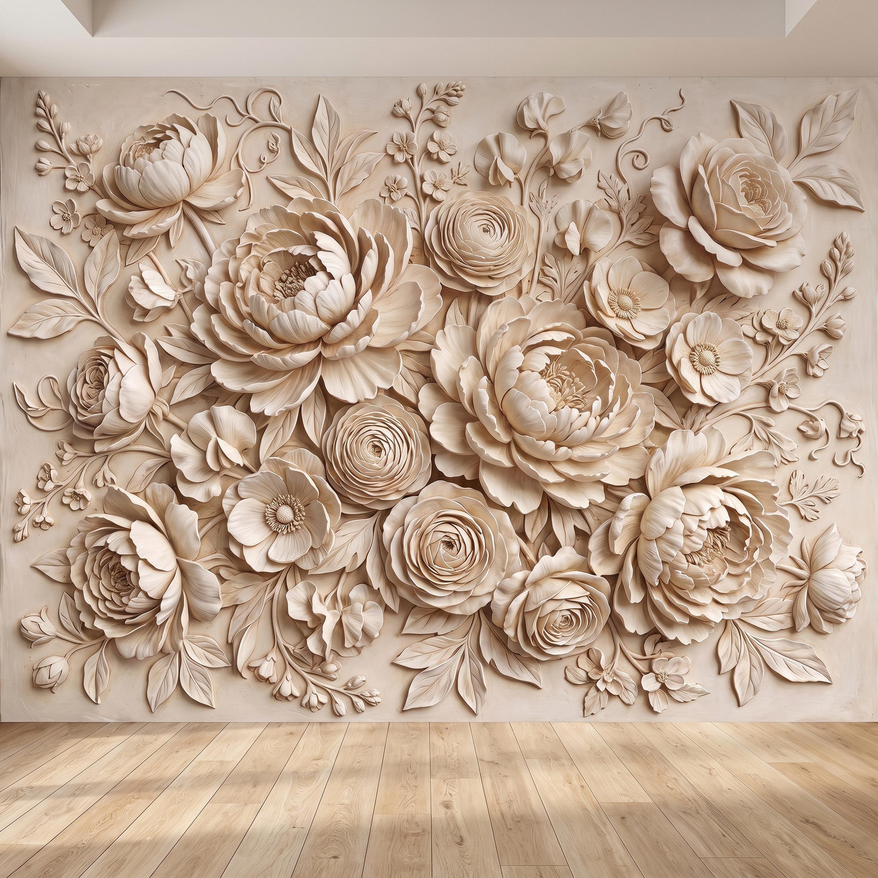 Floral Peel and Stick Wall Mural, Sculpted Peony Rose Botanical Relief Warm Ivory Embossed Plaster Look Luxury Wallpaper