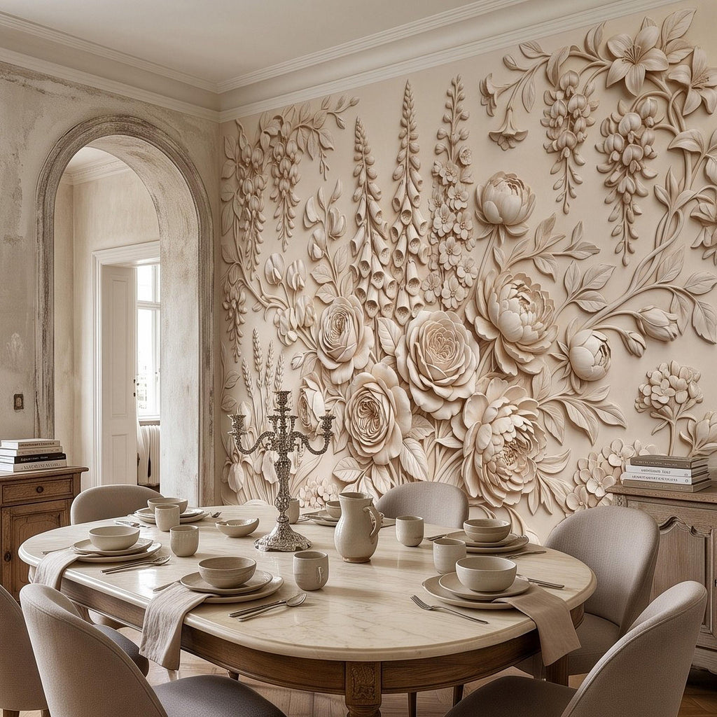 Floral Peel and Stick Wall Mural, Sculpted Botanical Relief Peony Rose Foxglove Hydrangea Warm Ivory Embossed Plaster Look Wallpaper