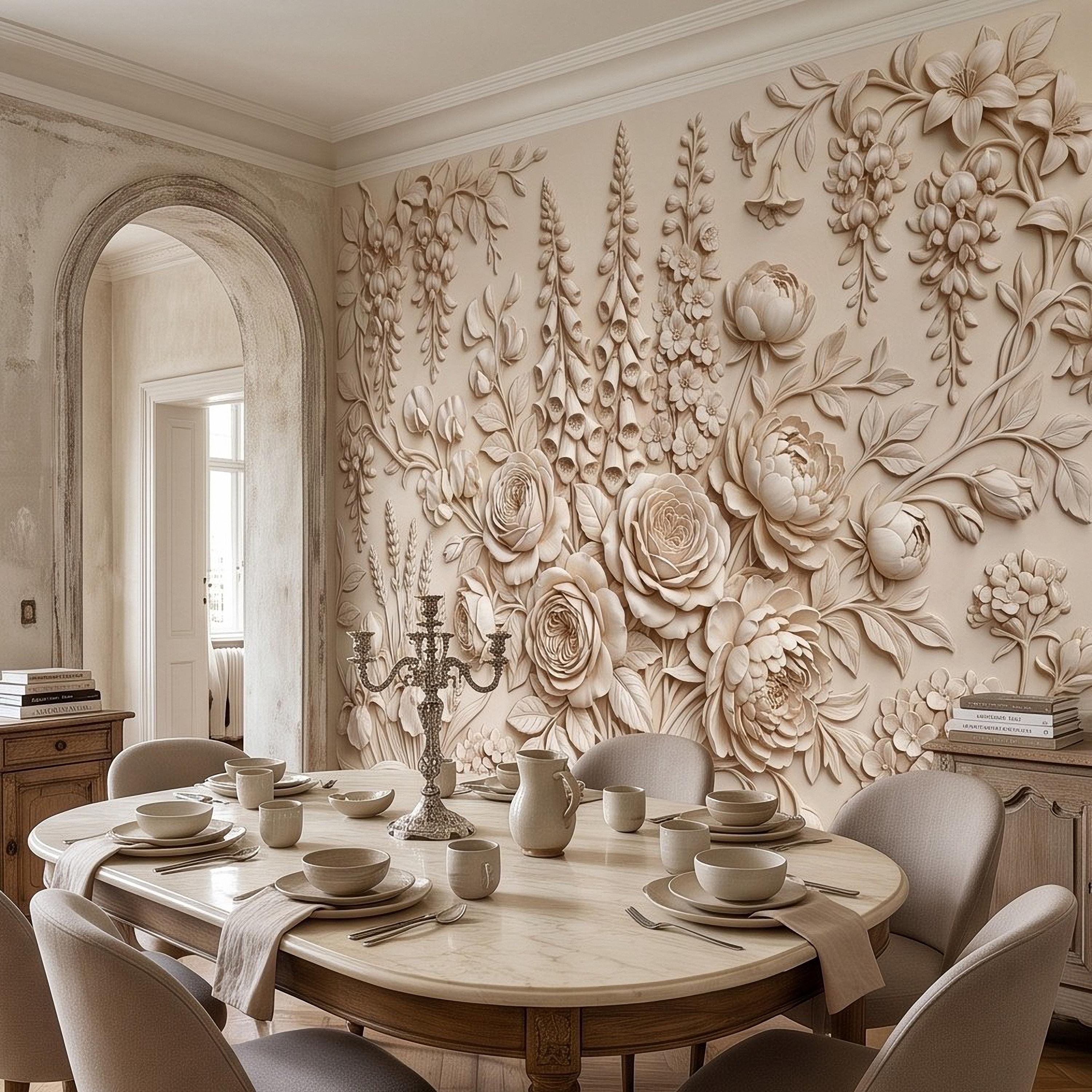 Floral Peel and Stick Wall Mural, Sculpted Botanical Relief Peony Rose Foxglove Hydrangea Warm Ivory Embossed Plaster Look Wallpaper
