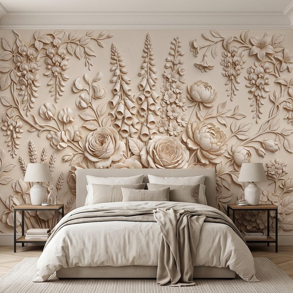 Floral Peel and Stick Wall Mural, Sculpted Botanical Relief Peony Rose Foxglove Hydrangea Warm Ivory Embossed Plaster Look Wallpaper