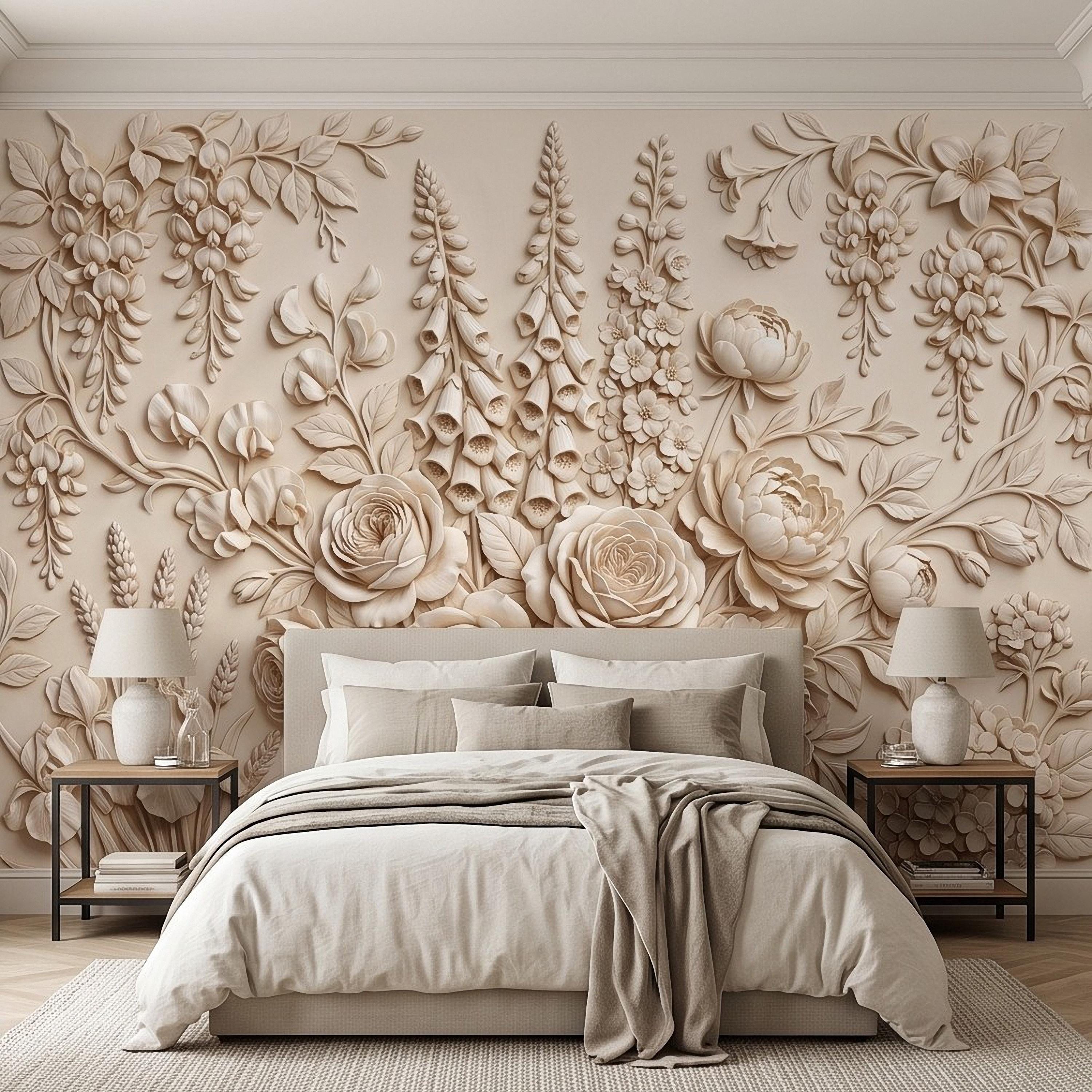 Floral Peel and Stick Wall Mural, Sculpted Botanical Relief Peony Rose Foxglove Hydrangea Warm Ivory Embossed Plaster Look Wallpaper