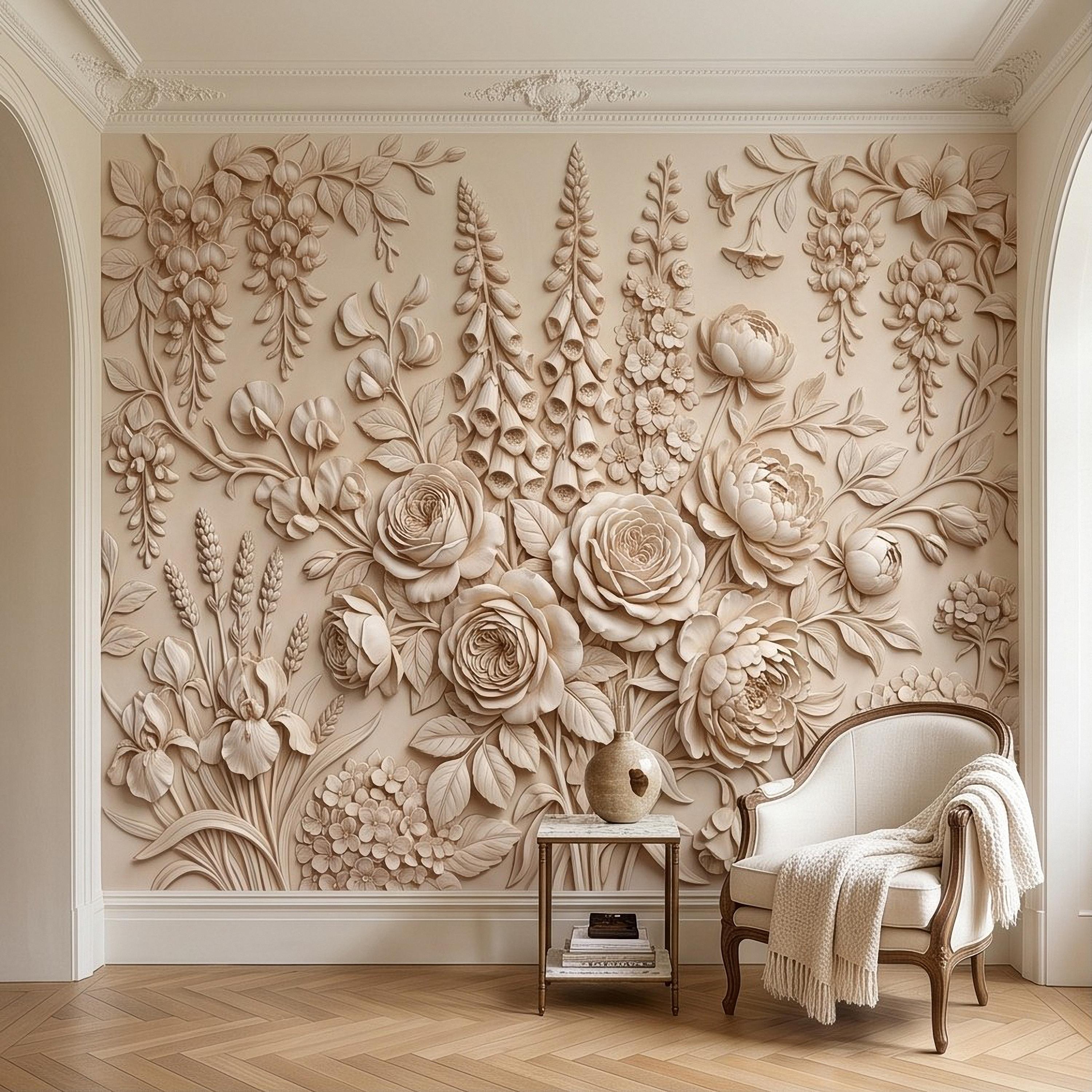 Floral Peel and Stick Wall Mural, Sculpted Botanical Relief Peony Rose Foxglove Hydrangea Warm Ivory Embossed Plaster Look Wallpaper