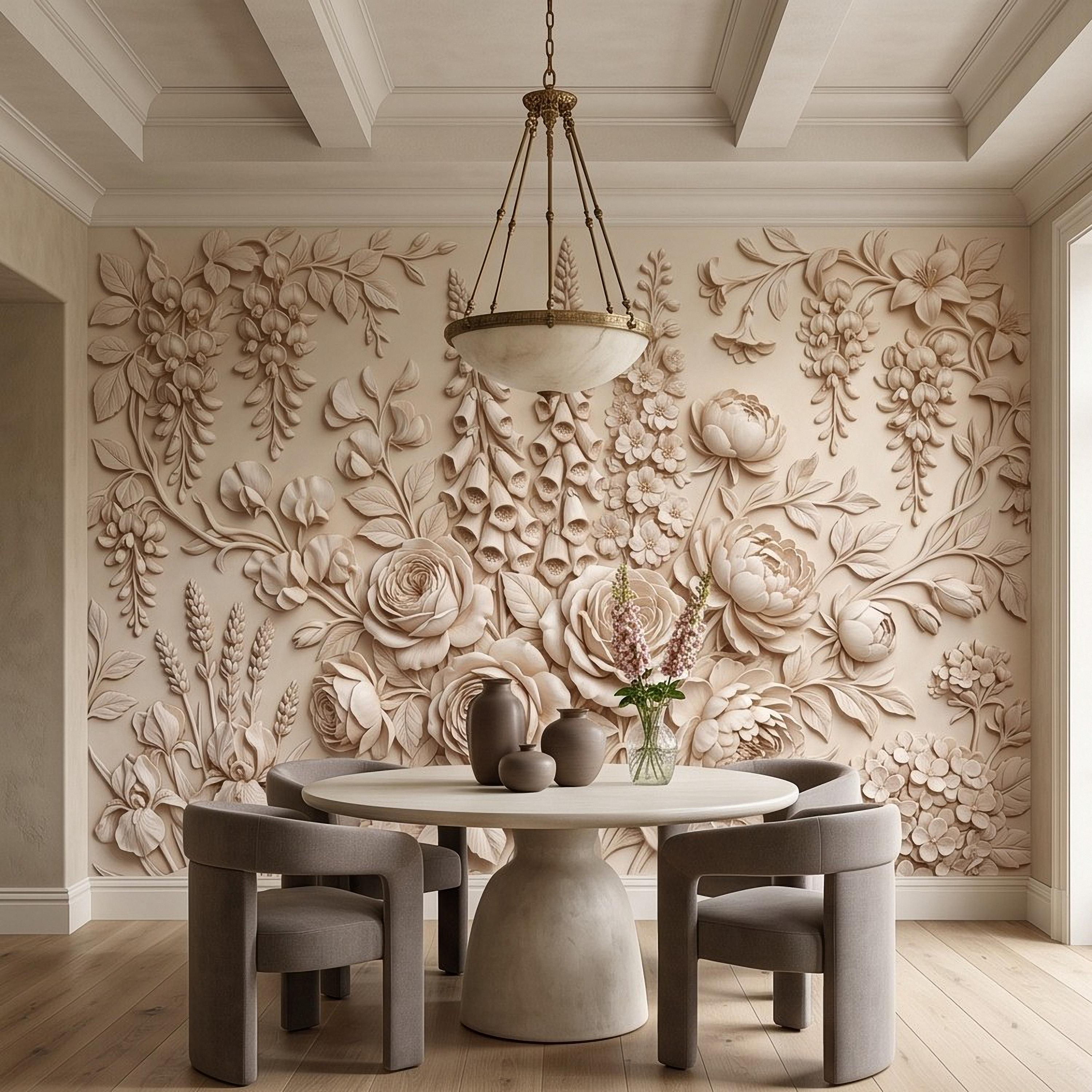 Floral Peel and Stick Wall Mural, Sculpted Botanical Relief Peony Rose Foxglove Hydrangea Warm Ivory Embossed Plaster Look Wallpaper