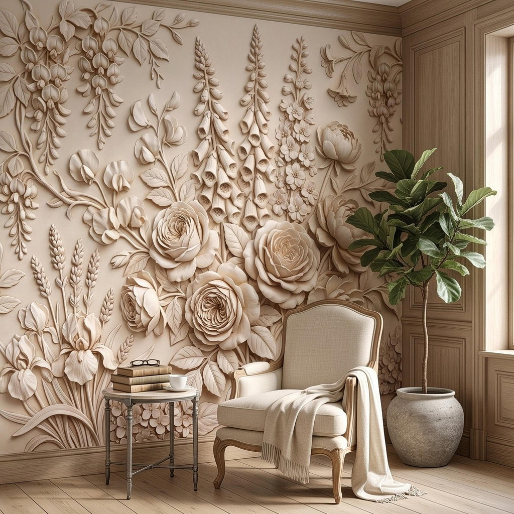 Floral Peel and Stick Wall Mural, Sculpted Botanical Relief Peony Rose Foxglove Hydrangea Warm Ivory Embossed Plaster Look Wallpaper