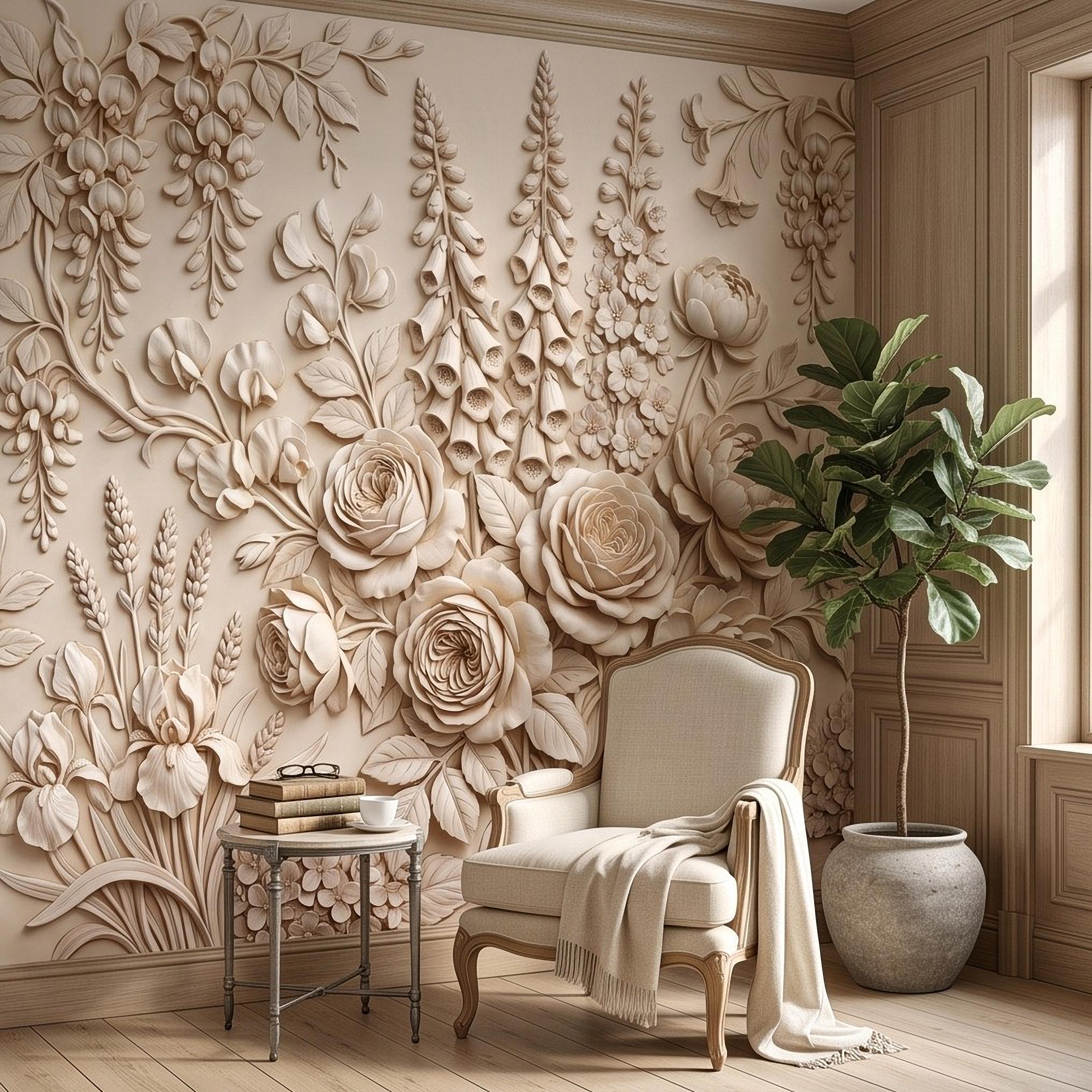 Floral Peel and Stick Wall Mural, Sculpted Botanical Relief Peony Rose Foxglove Hydrangea Warm Ivory Embossed Plaster Look Wallpaper