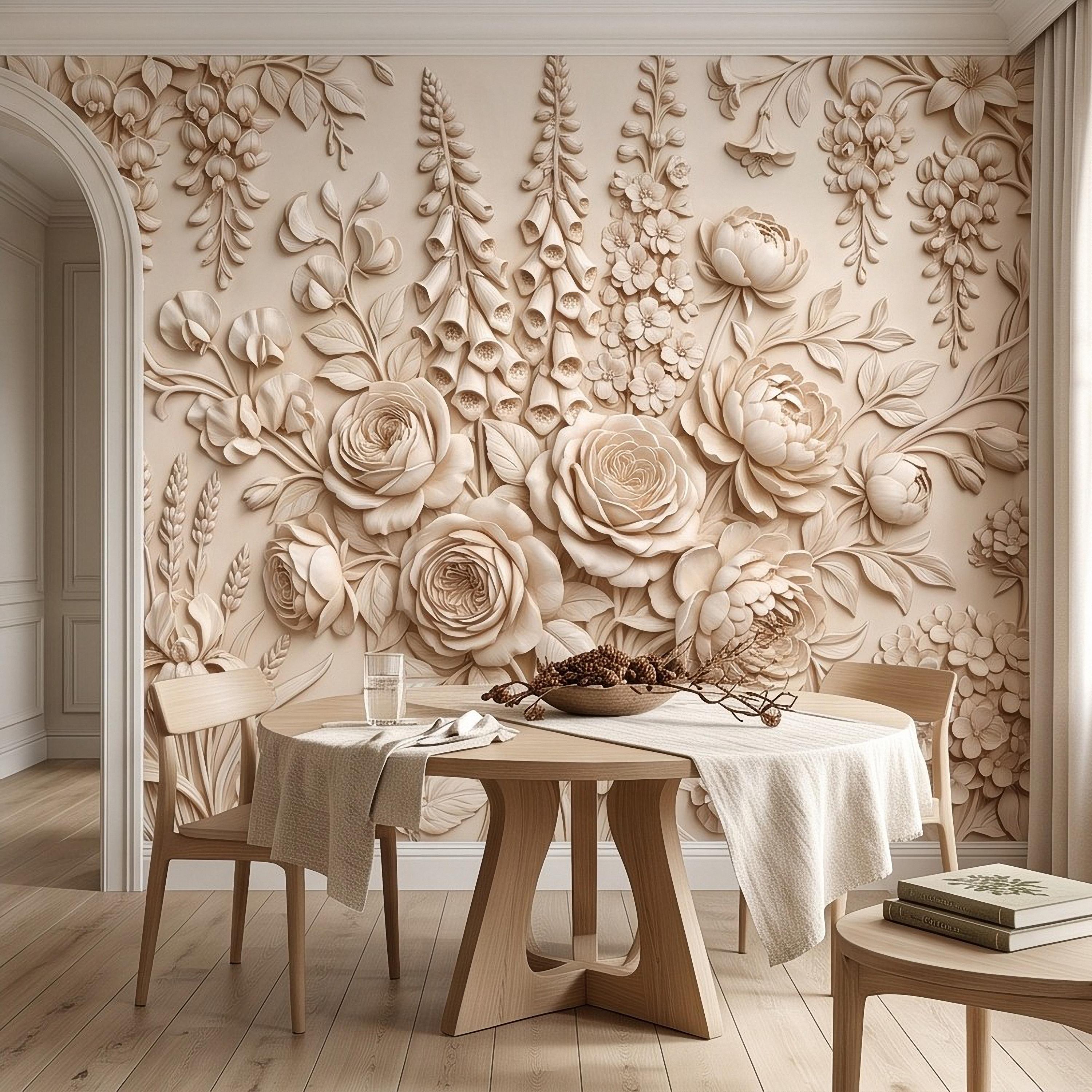 Floral Peel and Stick Wall Mural, Sculpted Botanical Relief Peony Rose Foxglove Hydrangea Warm Ivory Embossed Plaster Look Wallpaper