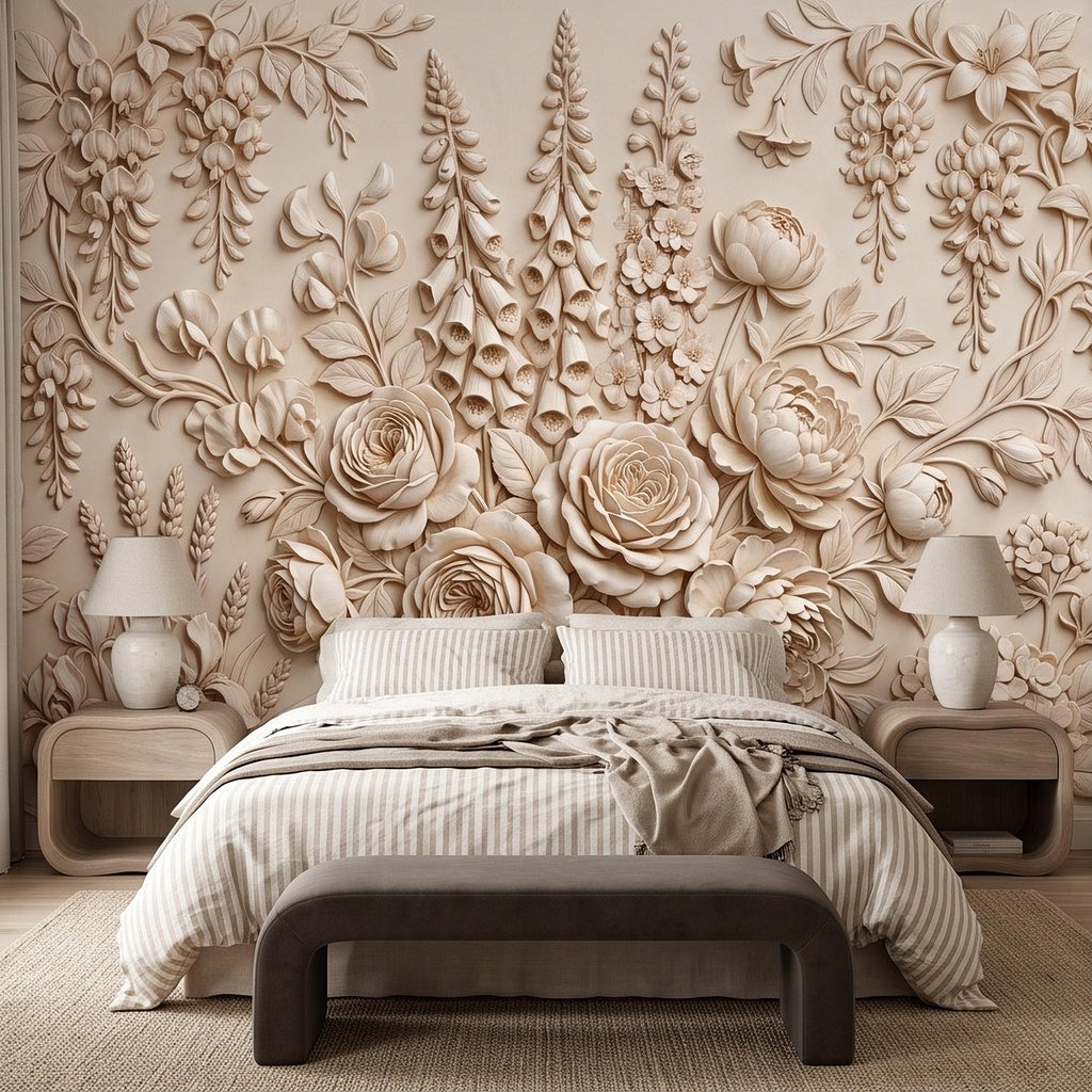 Floral Peel and Stick Wall Mural, Sculpted Botanical Relief Peony Rose Foxglove Hydrangea Warm Ivory Embossed Plaster Look Wallpaper