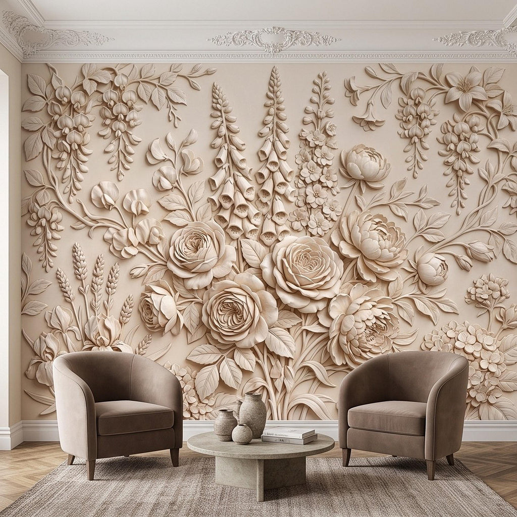 Floral Peel and Stick Wall Mural, Sculpted Botanical Relief Peony Rose Foxglove Hydrangea Warm Ivory Embossed Plaster Look Wallpaper