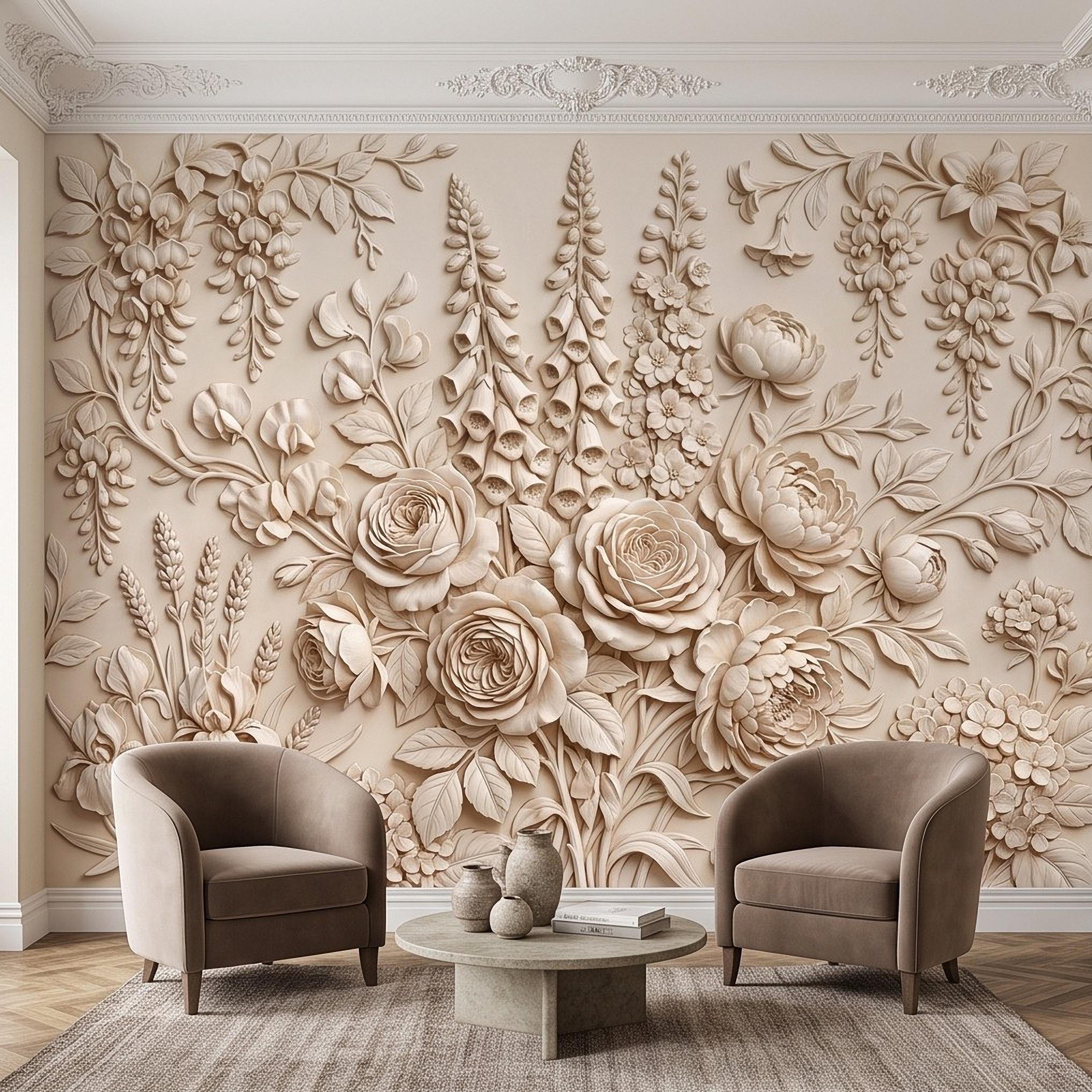 Floral Peel and Stick Wall Mural, Sculpted Botanical Relief Peony Rose Foxglove Hydrangea Warm Ivory Embossed Plaster Look Wallpaper