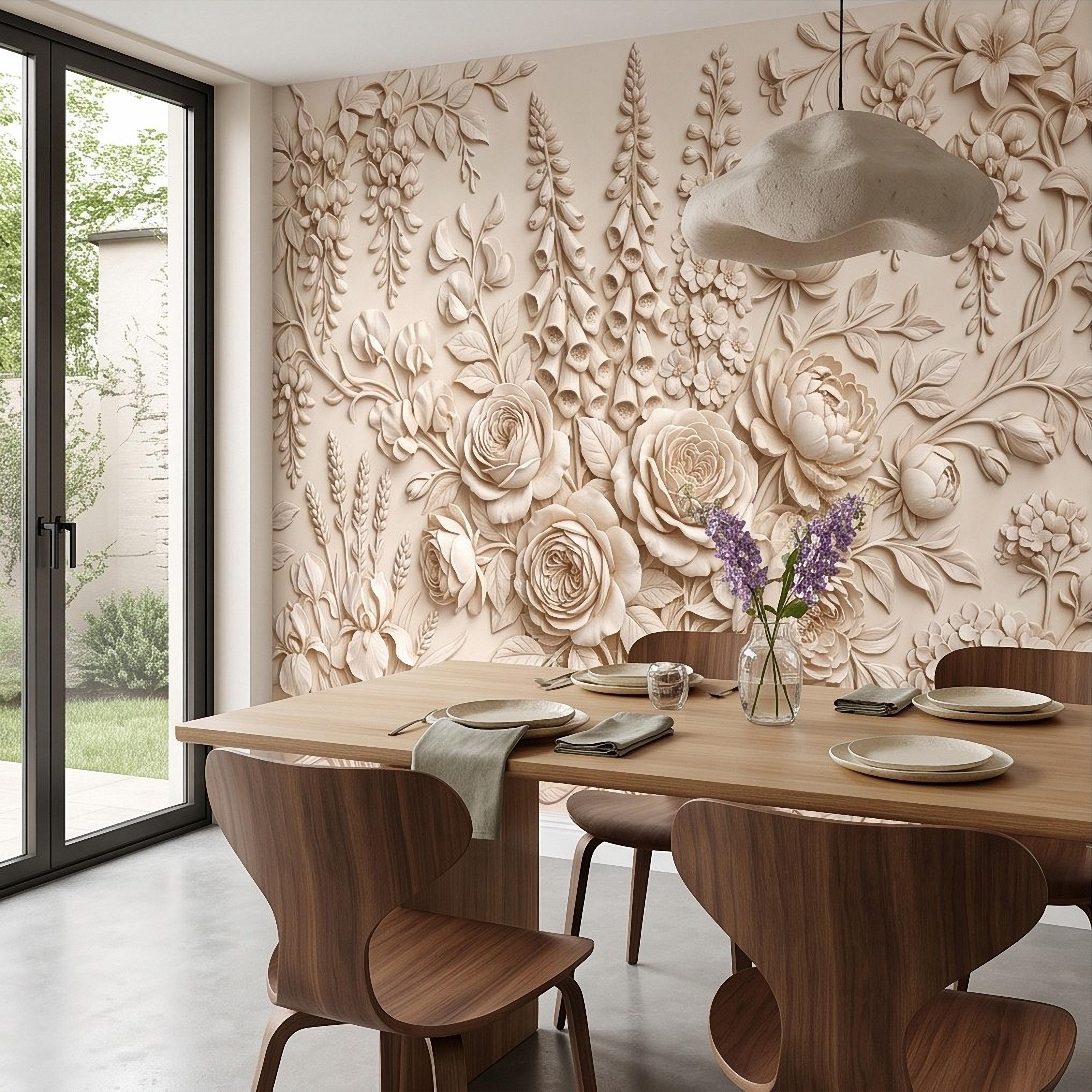 Floral Peel and Stick Wall Mural, Sculpted Botanical Relief Peony Rose Foxglove Hydrangea Warm Ivory Embossed Plaster Look Wallpaper