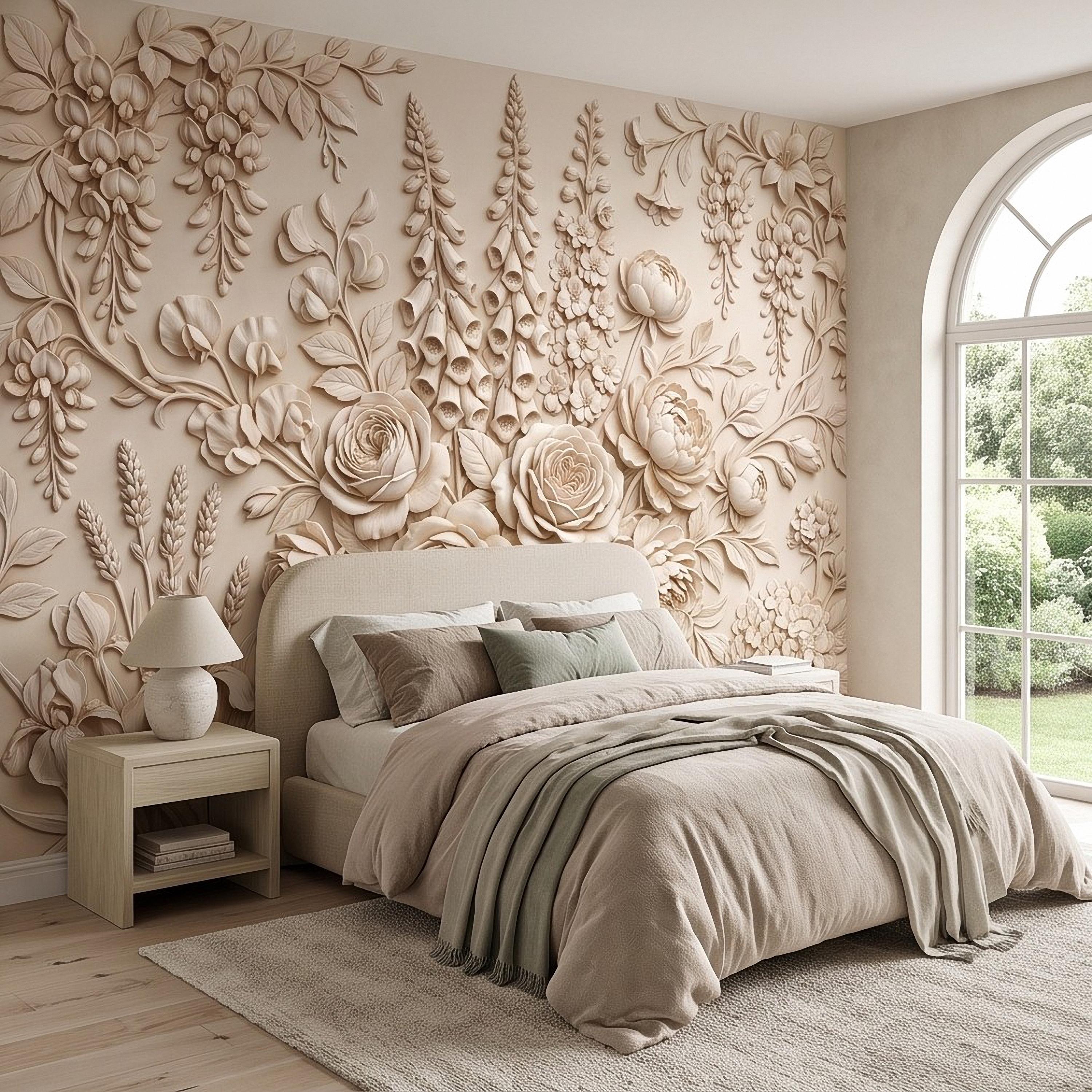 Floral Peel and Stick Wall Mural, Sculpted Botanical Relief Peony Rose Foxglove Hydrangea Warm Ivory Embossed Plaster Look Wallpaper