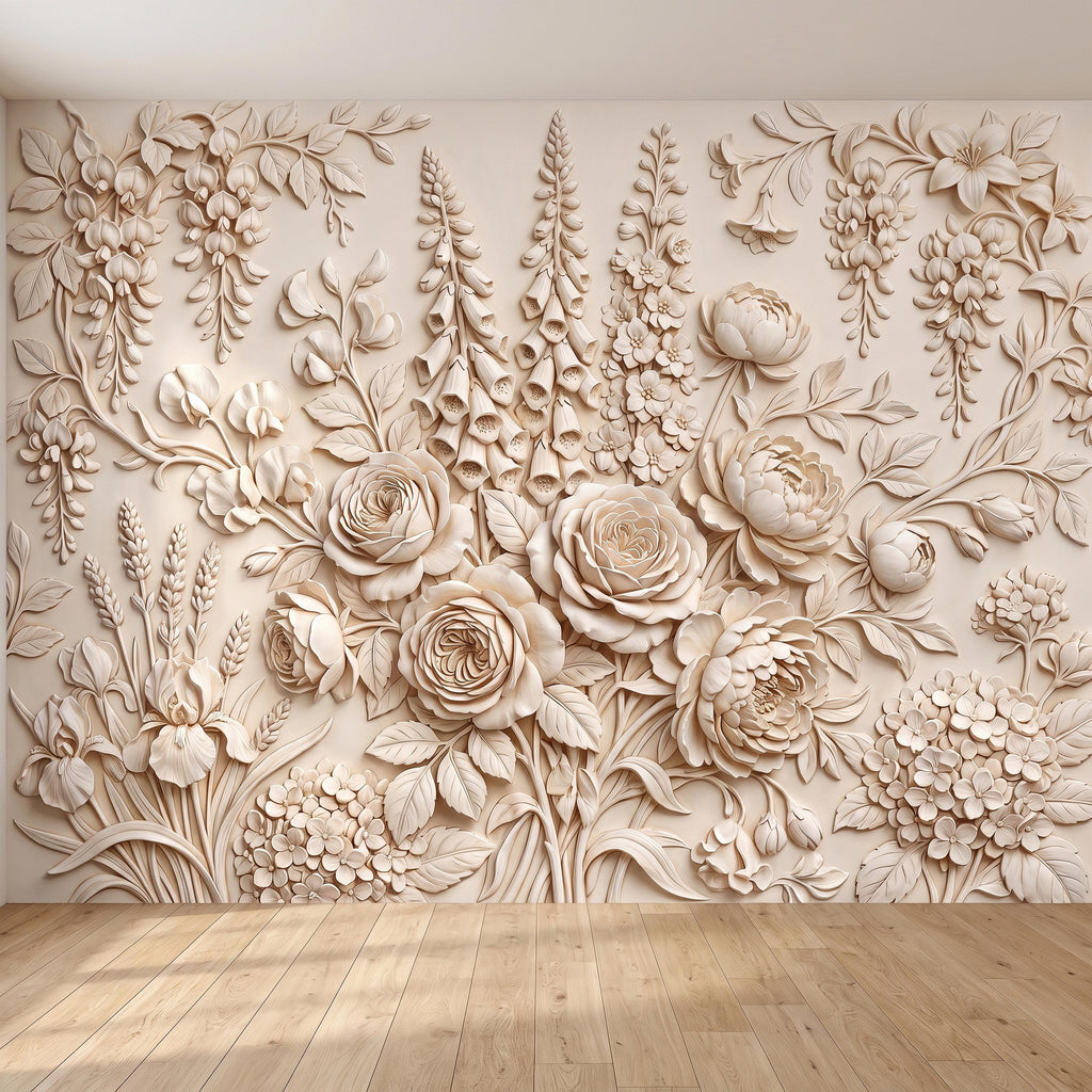 Floral Peel and Stick Wall Mural, Sculpted Botanical Relief Peony Rose Foxglove Hydrangea Warm Ivory Embossed Plaster Look Wallpaper