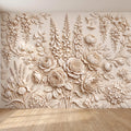 Floral Peel and Stick Wall Mural, Sculpted Botanical Relief Peony Rose Foxglove Hydrangea Warm Ivory Embossed Plaster Look Wallpaper