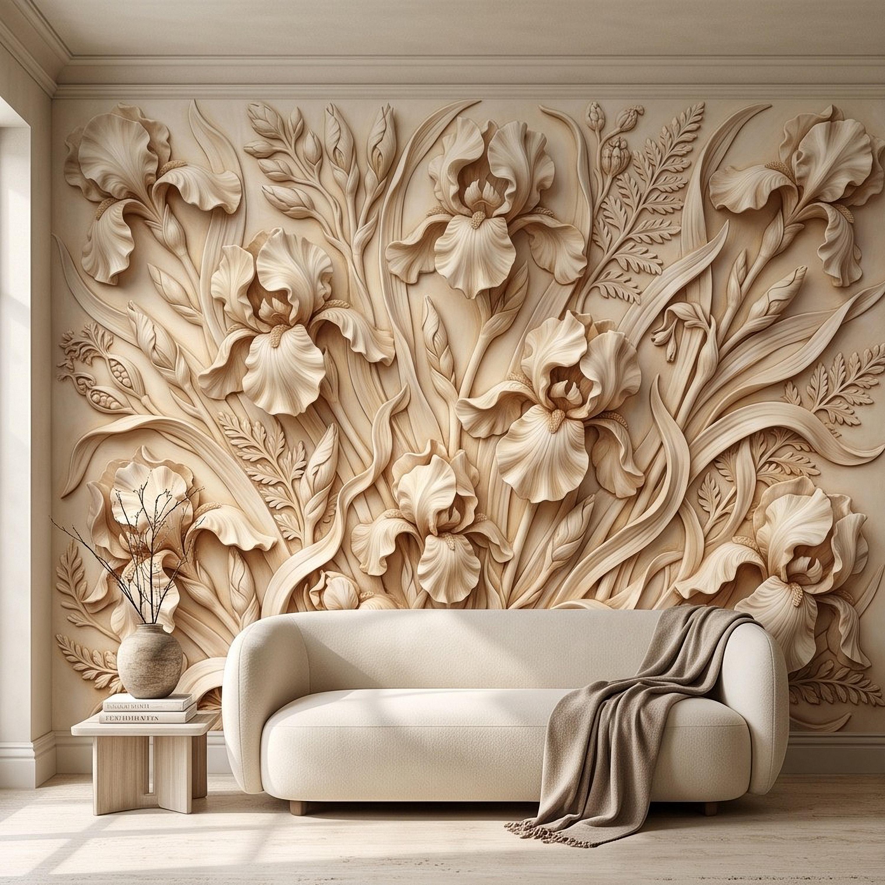 Iris Flower Peel and Stick Wall Mural, Sculpted Botanical Relief Warm Ivory Embossed Plaster Look Elegant Floral Wallpaper