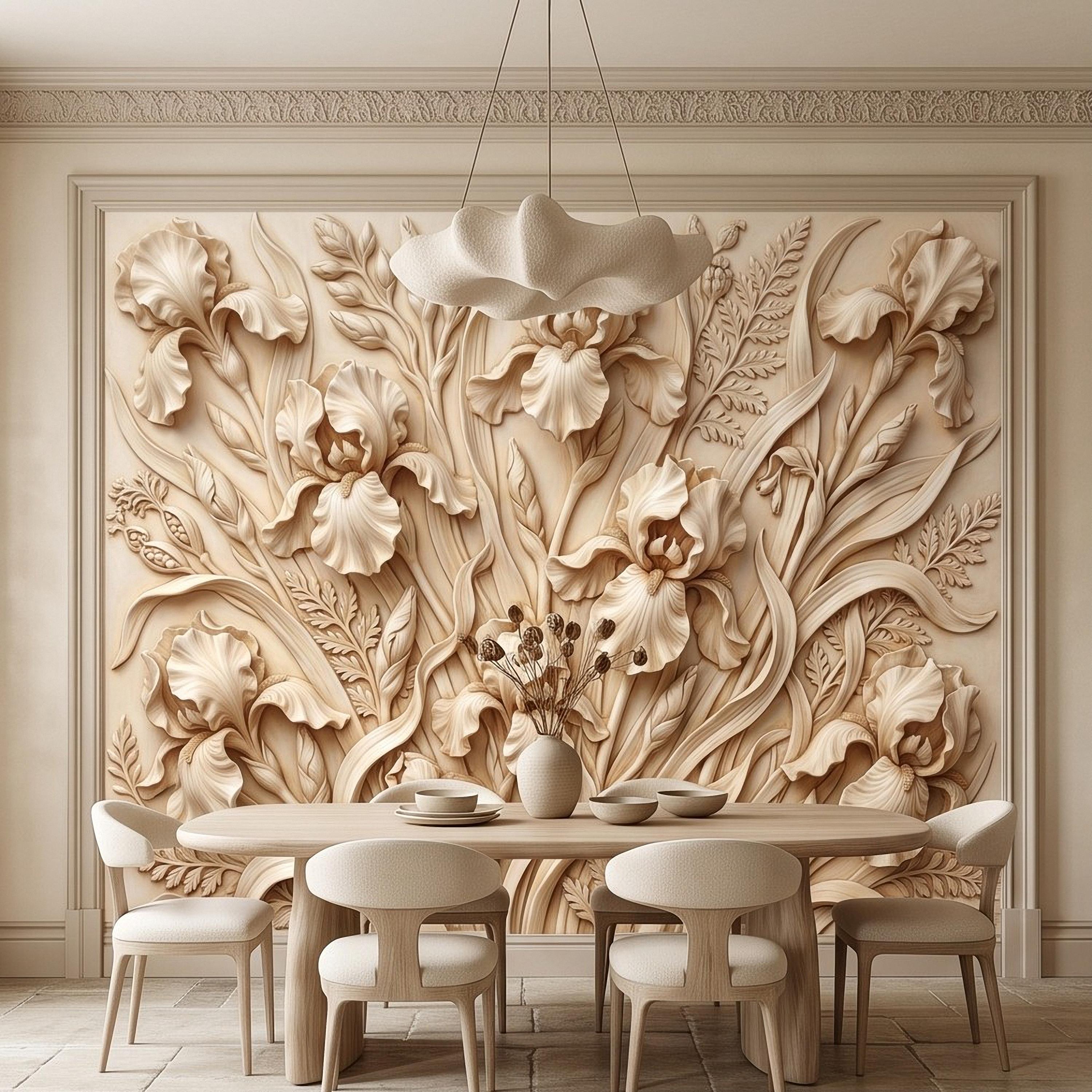 Iris Flower Peel and Stick Wall Mural, Sculpted Botanical Relief Warm Ivory Embossed Plaster Look Elegant Floral Wallpaper