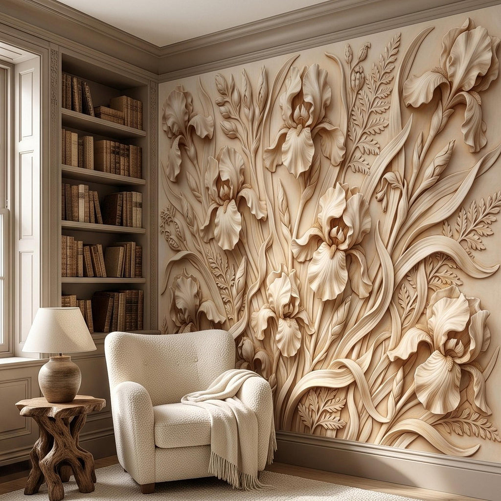 Iris Flower Peel and Stick Wall Mural, Sculpted Botanical Relief Warm Ivory Embossed Plaster Look Elegant Floral Wallpaper