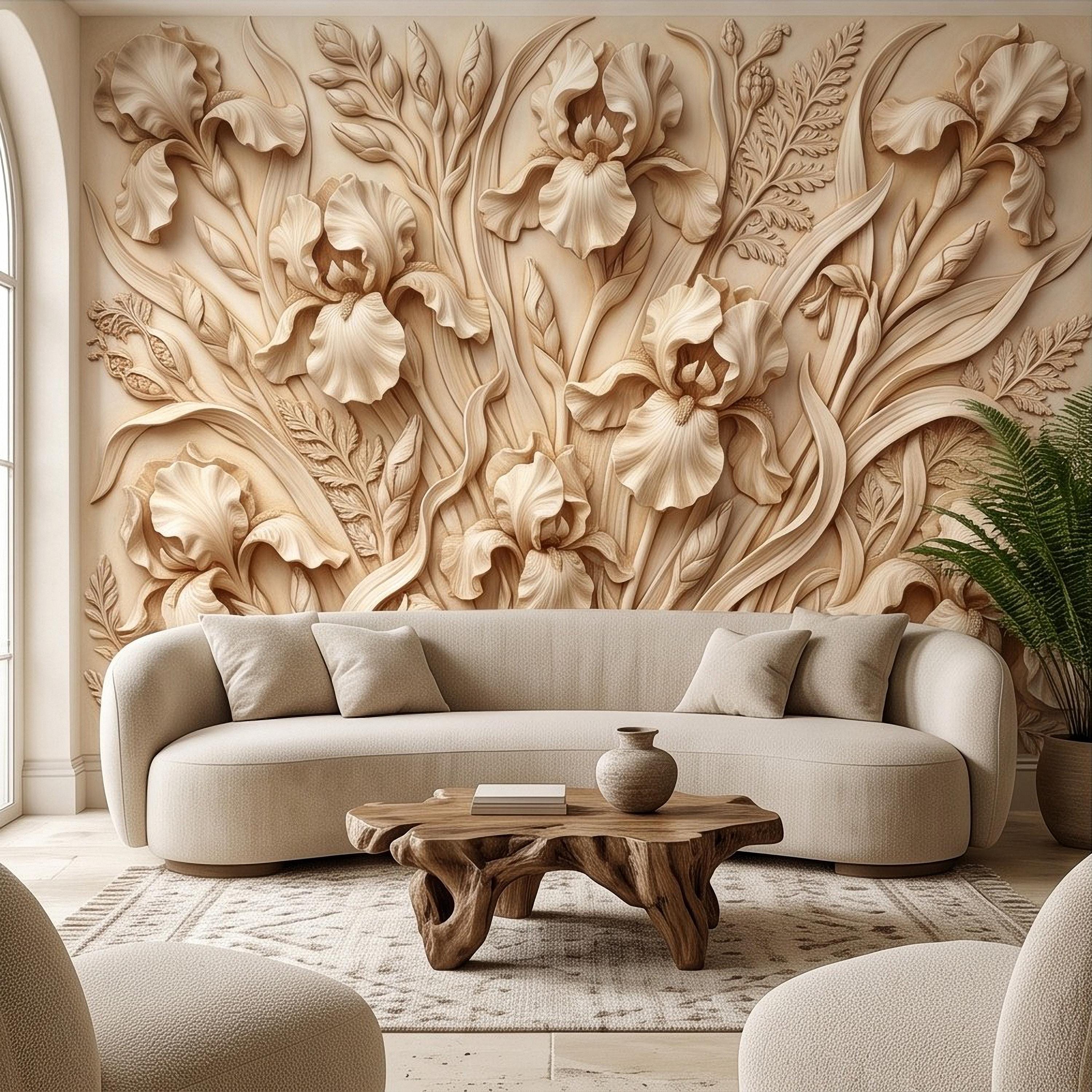 Iris Flower Peel and Stick Wall Mural, Sculpted Botanical Relief Warm Ivory Embossed Plaster Look Elegant Floral Wallpaper