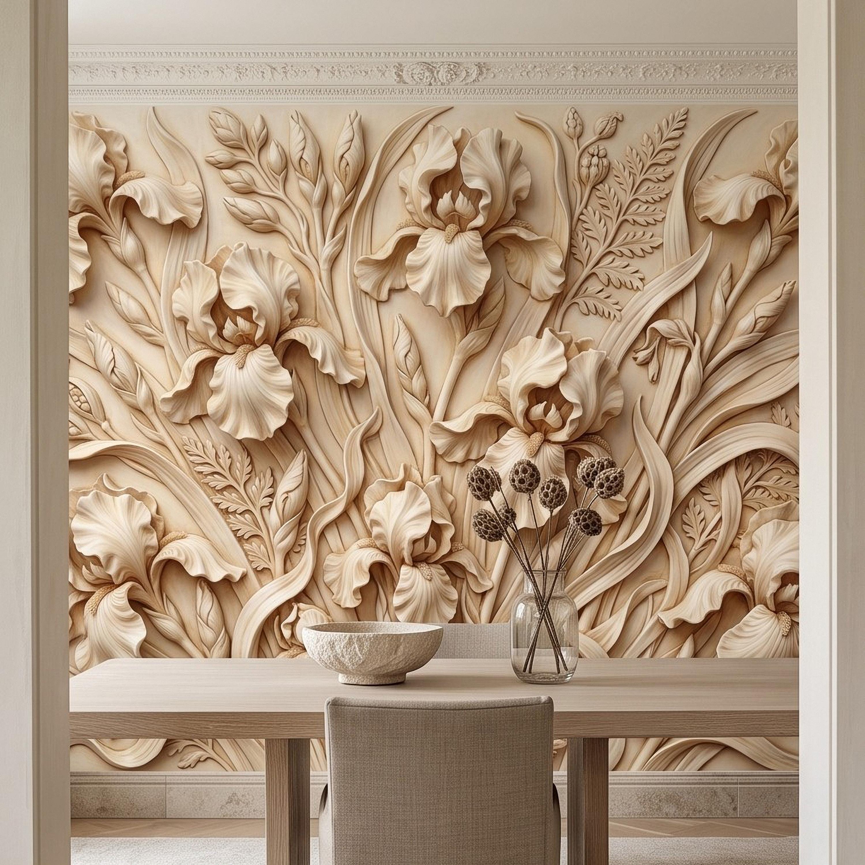 Iris Flower Peel and Stick Wall Mural, Sculpted Botanical Relief Warm Ivory Embossed Plaster Look Elegant Floral Wallpaper