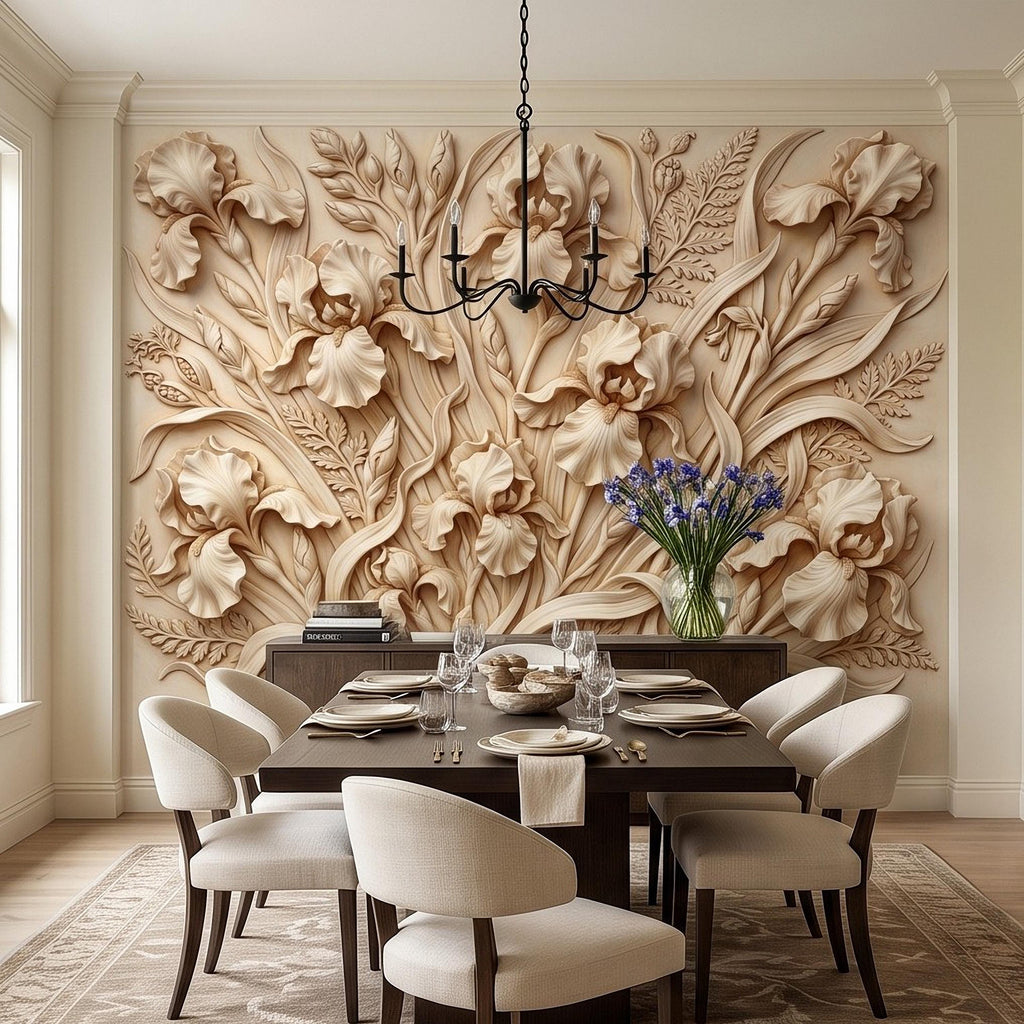 Iris Flower Peel and Stick Wall Mural, Sculpted Botanical Relief Warm Ivory Embossed Plaster Look Elegant Floral Wallpaper