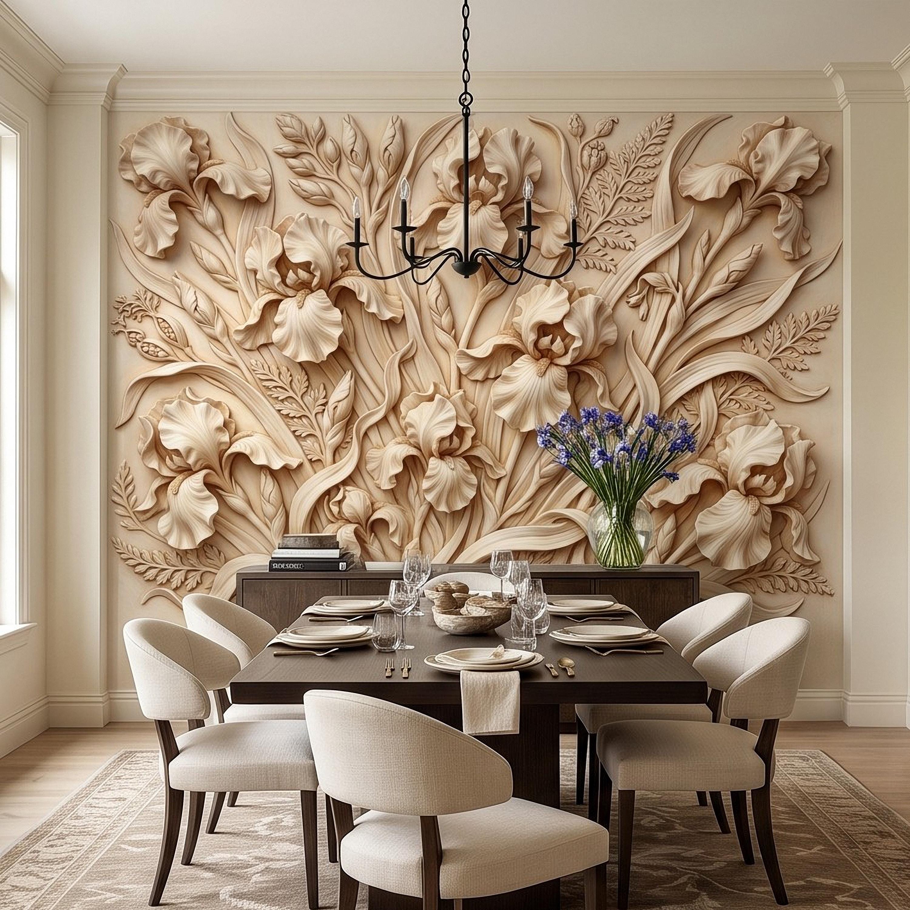Iris Flower Peel and Stick Wall Mural, Sculpted Botanical Relief Warm Ivory Embossed Plaster Look Elegant Floral Wallpaper