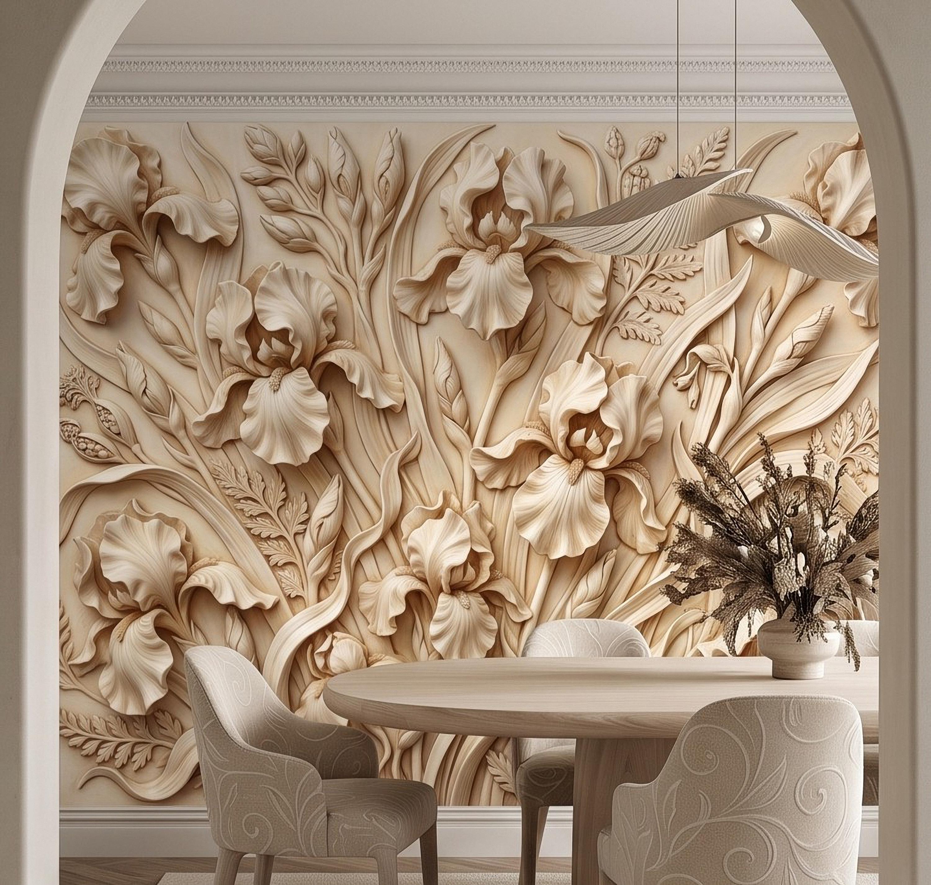 Iris Flower Peel and Stick Wall Mural, Sculpted Botanical Relief Warm Ivory Embossed Plaster Look Elegant Floral Wallpaper