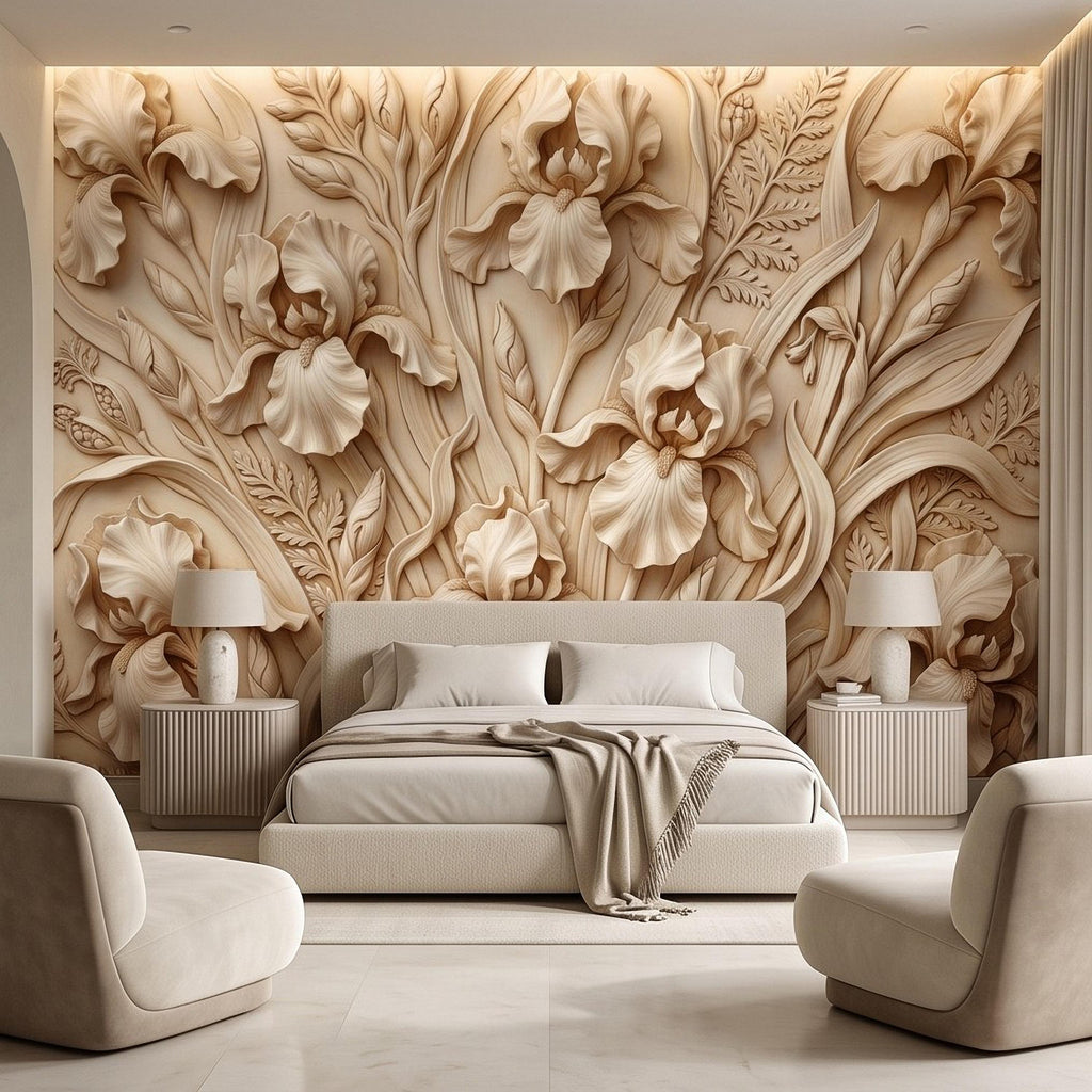 Iris Flower Peel and Stick Wall Mural, Sculpted Botanical Relief Warm Ivory Embossed Plaster Look Elegant Floral Wallpaper