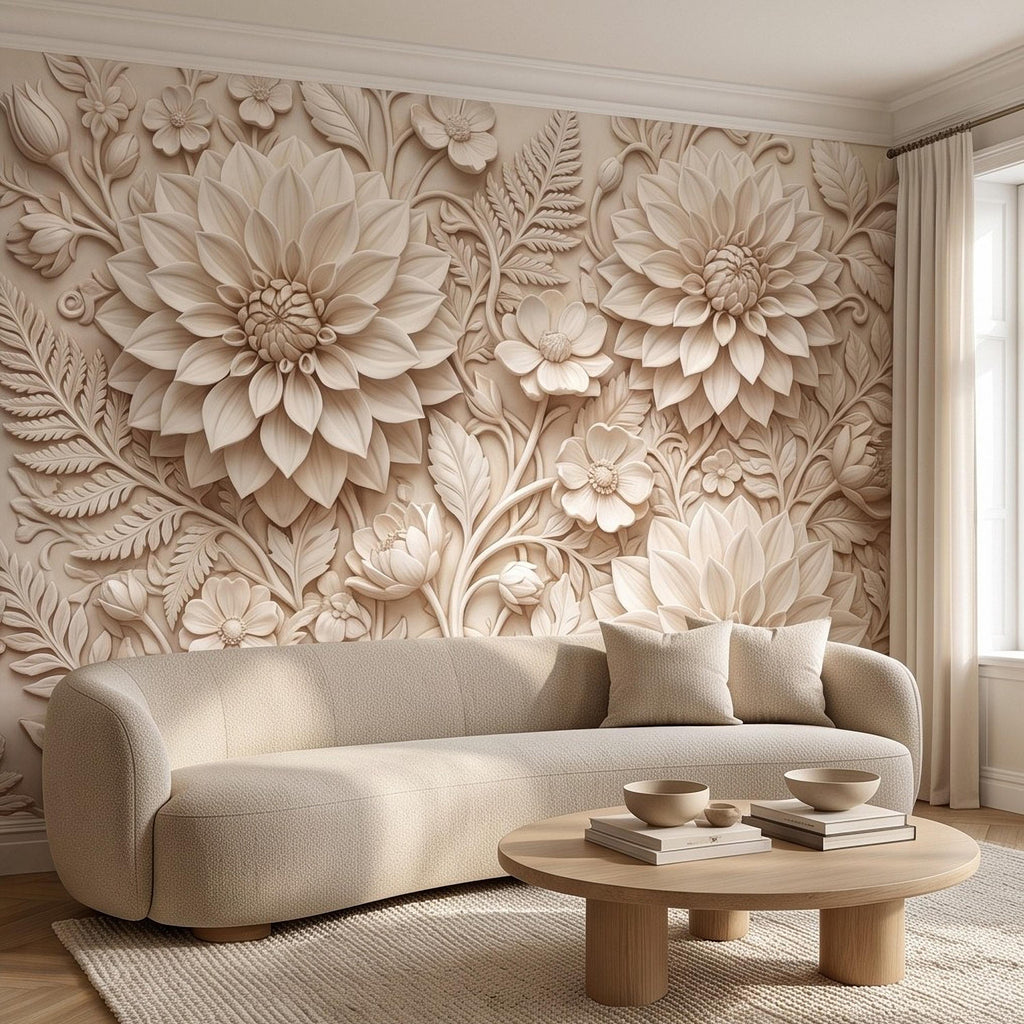 Dahlia Flower Peel and Stick Wall Mural, Sculpted Botanical Relief Warm Ivory Embossed Plaster Look Floral Wallpaper