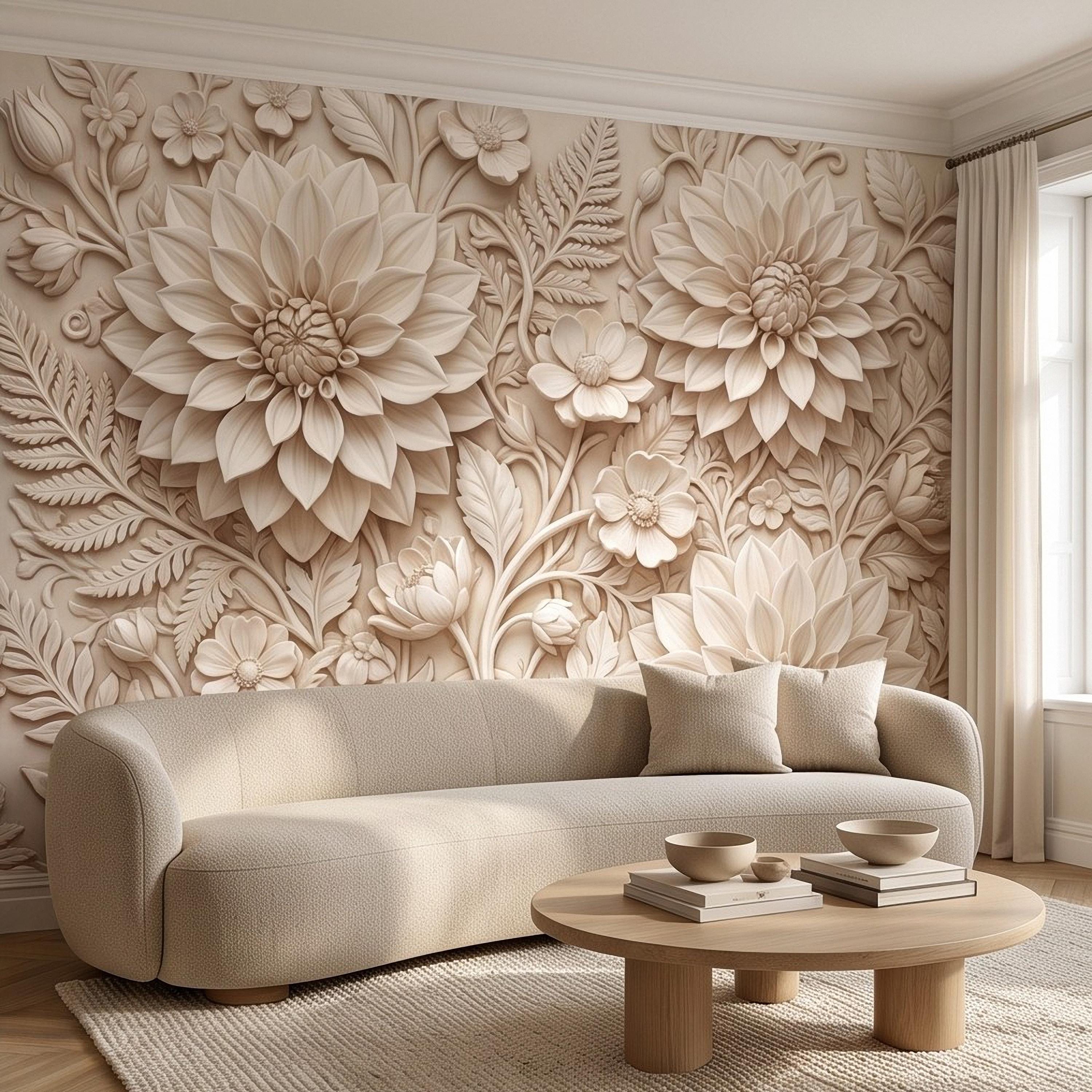 Dahlia Flower Peel and Stick Wall Mural, Sculpted Botanical Relief Warm Ivory Embossed Plaster Look Floral Wallpaper