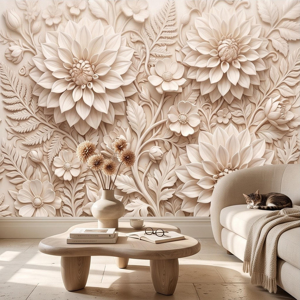 Dahlia Flower Peel and Stick Wall Mural, Sculpted Botanical Relief Warm Ivory Embossed Plaster Look Floral Wallpaper