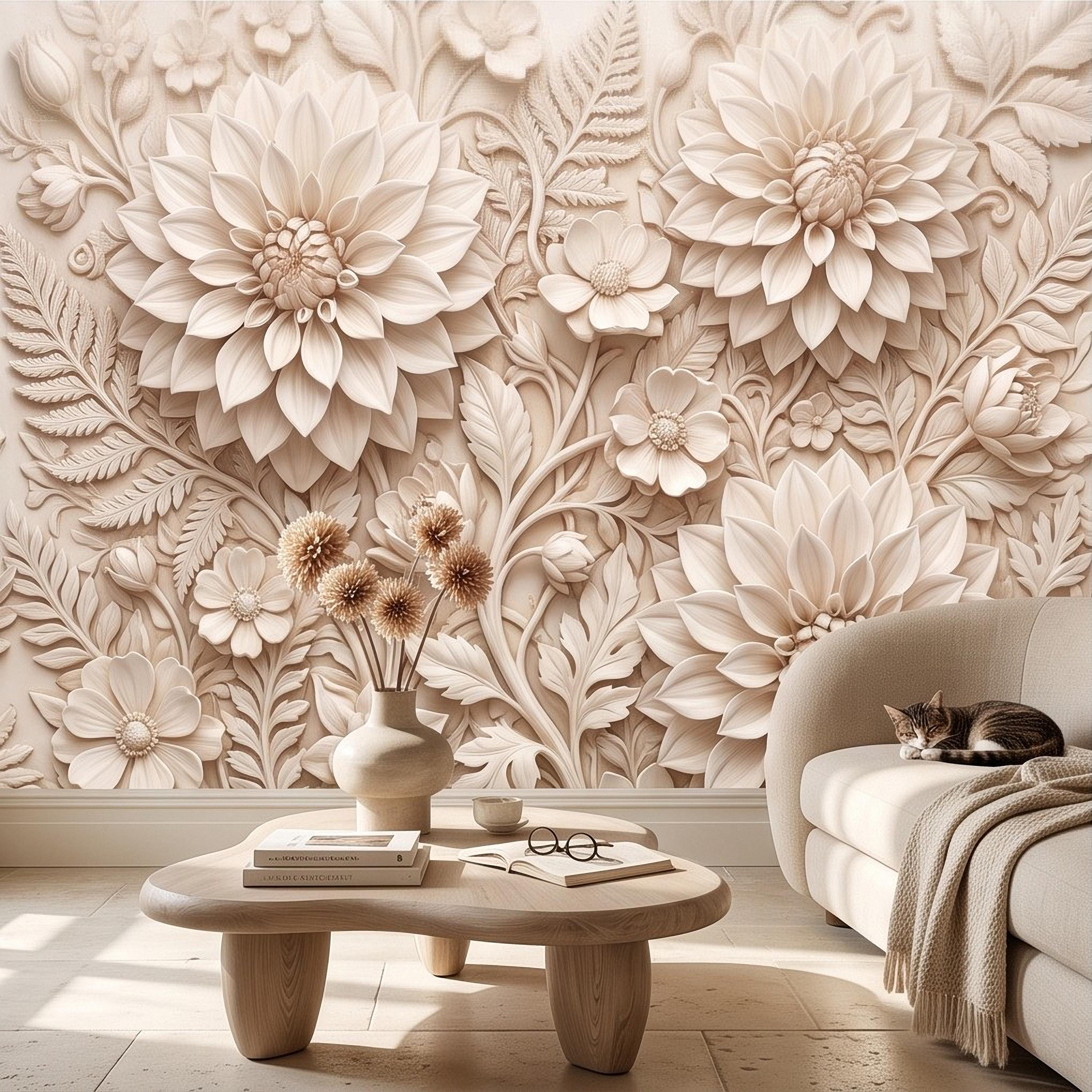 Dahlia Flower Peel and Stick Wall Mural, Sculpted Botanical Relief Warm Ivory Embossed Plaster Look Floral Wallpaper