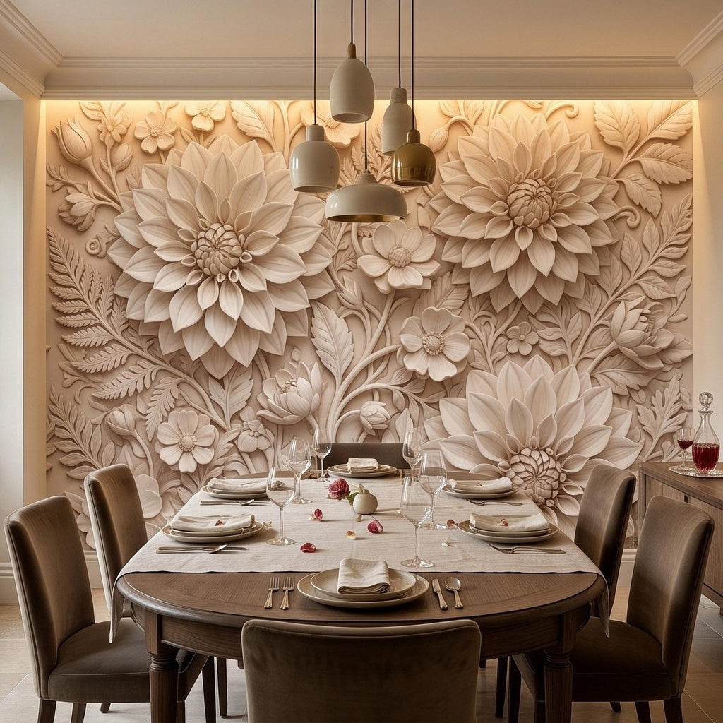 Dahlia Flower Peel and Stick Wall Mural, Sculpted Botanical Relief Warm Ivory Embossed Plaster Look Floral Wallpaper