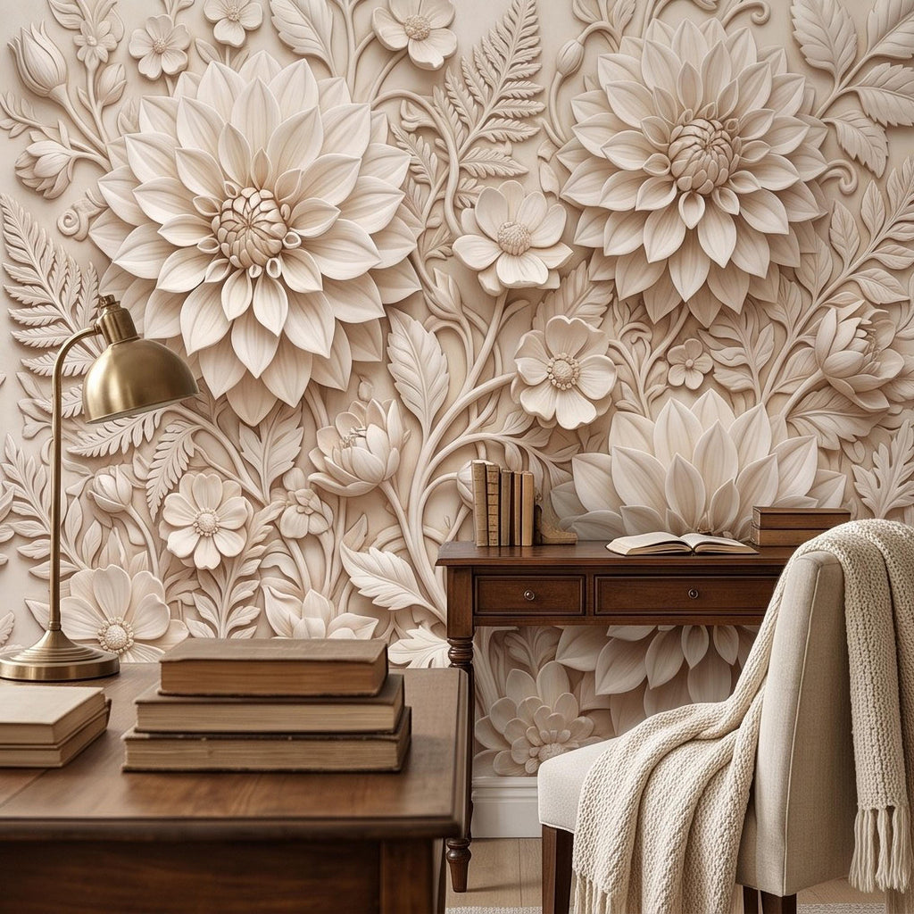 Dahlia Flower Peel and Stick Wall Mural, Sculpted Botanical Relief Warm Ivory Embossed Plaster Look Floral Wallpaper