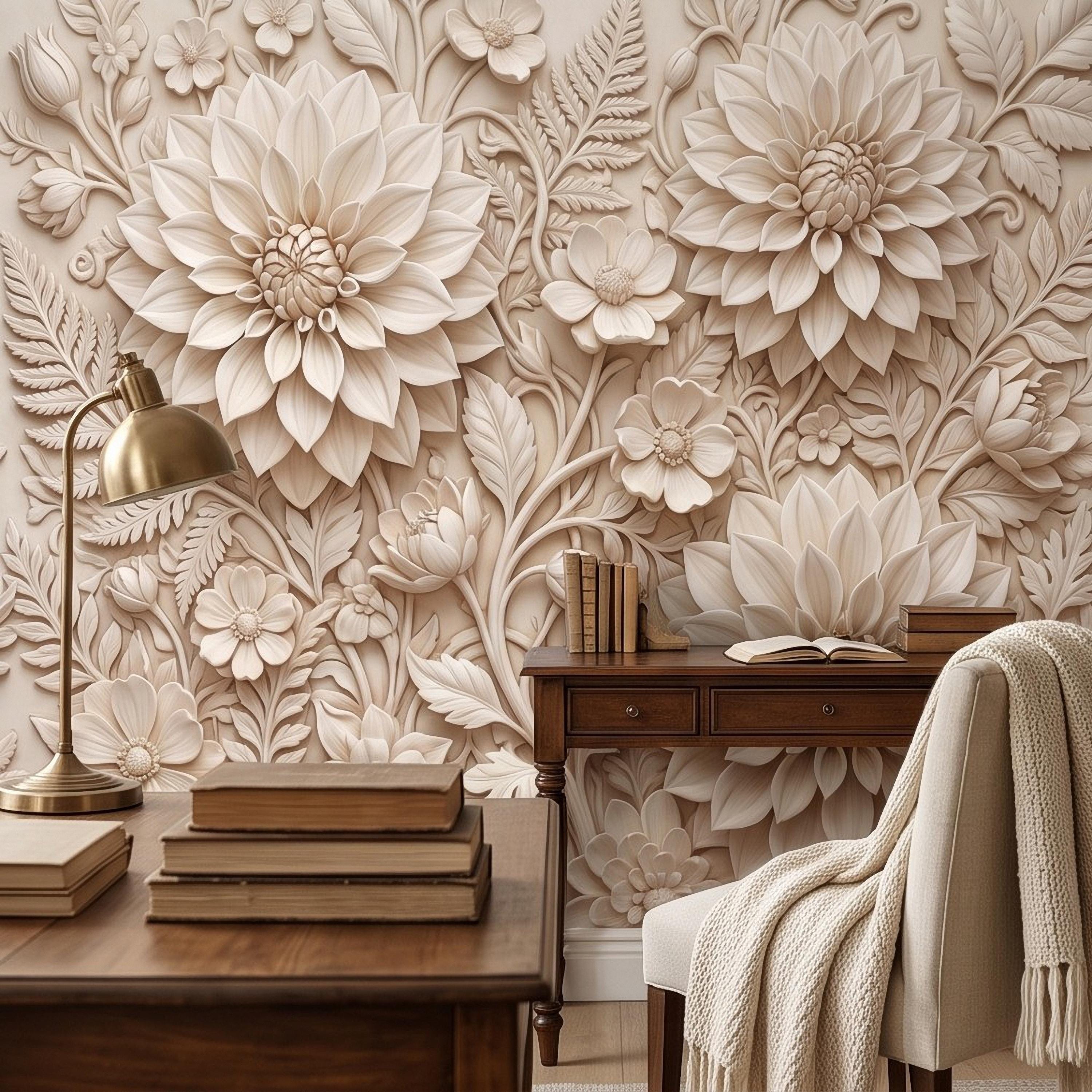 Dahlia Flower Peel and Stick Wall Mural, Sculpted Botanical Relief Warm Ivory Embossed Plaster Look Floral Wallpaper