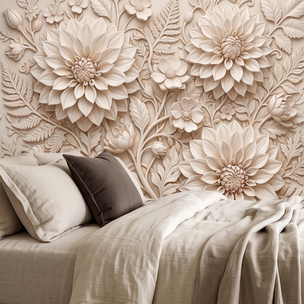 Dahlia Flower Peel and Stick Wall Mural, Sculpted Botanical Relief Warm Ivory Embossed Plaster Look Floral Wallpaper