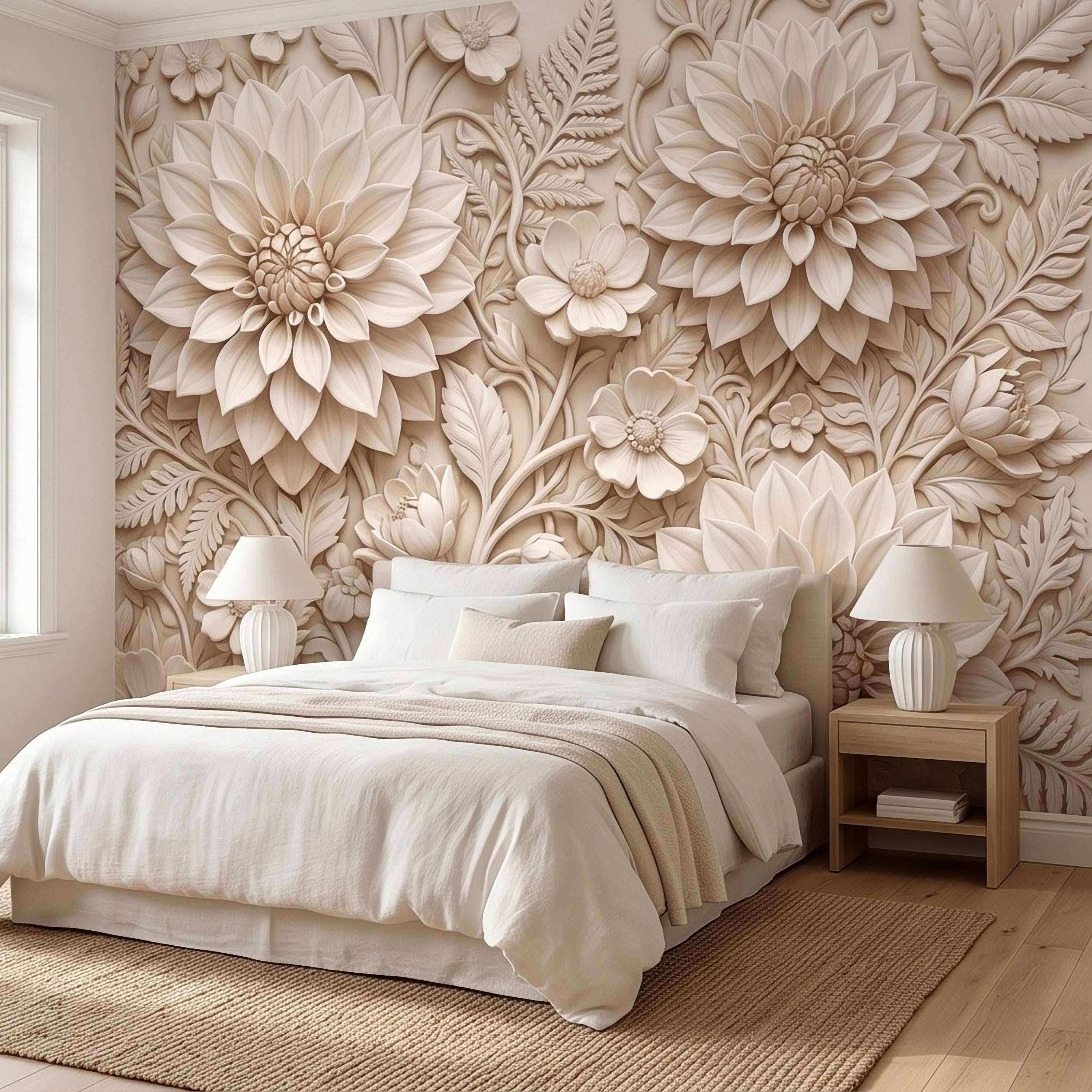 Dahlia Flower Peel and Stick Wall Mural, Sculpted Botanical Relief Warm Ivory Embossed Plaster Look Floral Wallpaper