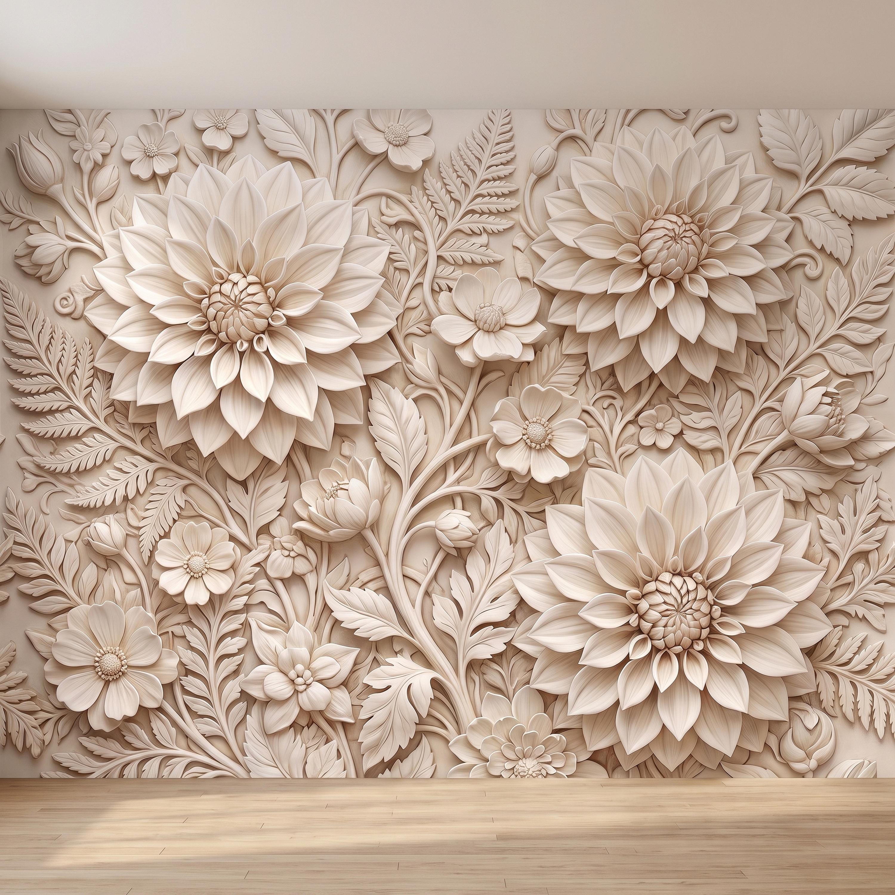 Dahlia Flower Peel and Stick Wall Mural, Sculpted Botanical Relief Warm Ivory Embossed Plaster Look Floral Wallpaper