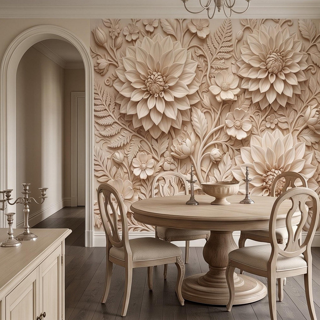 Dahlia Flower Peel and Stick Wall Mural, Sculpted Botanical Relief Warm Ivory Embossed Plaster Look Floral Wallpaper