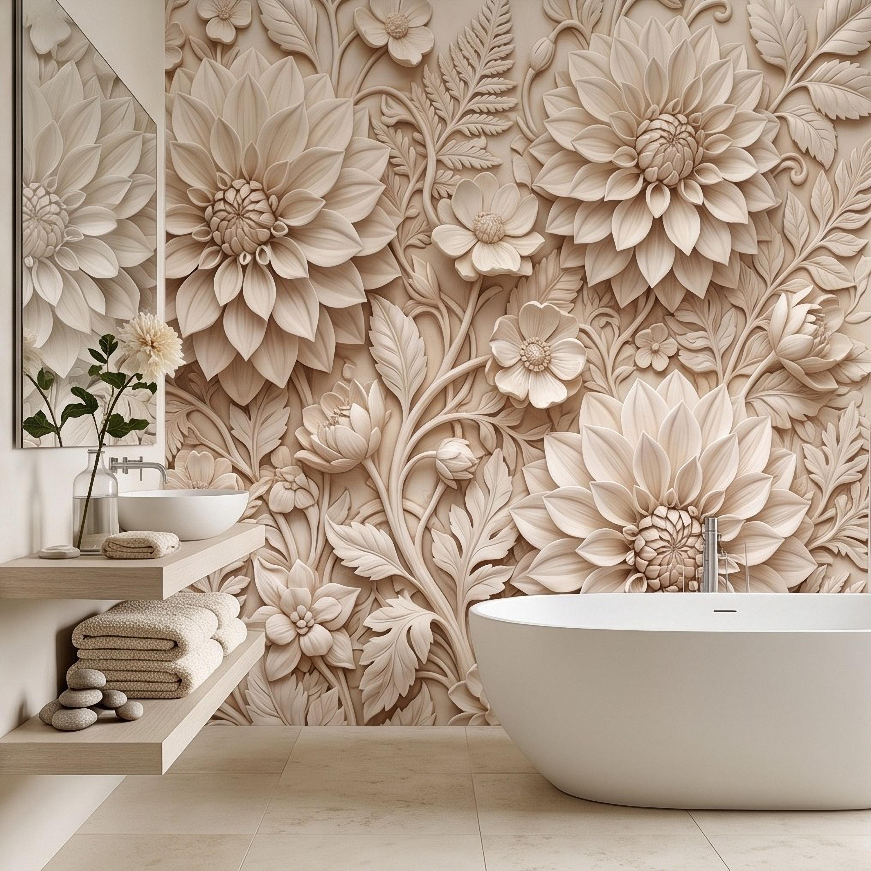 Dahlia Flower Peel and Stick Wall Mural, Sculpted Botanical Relief Warm Ivory Embossed Plaster Look Floral Wallpaper