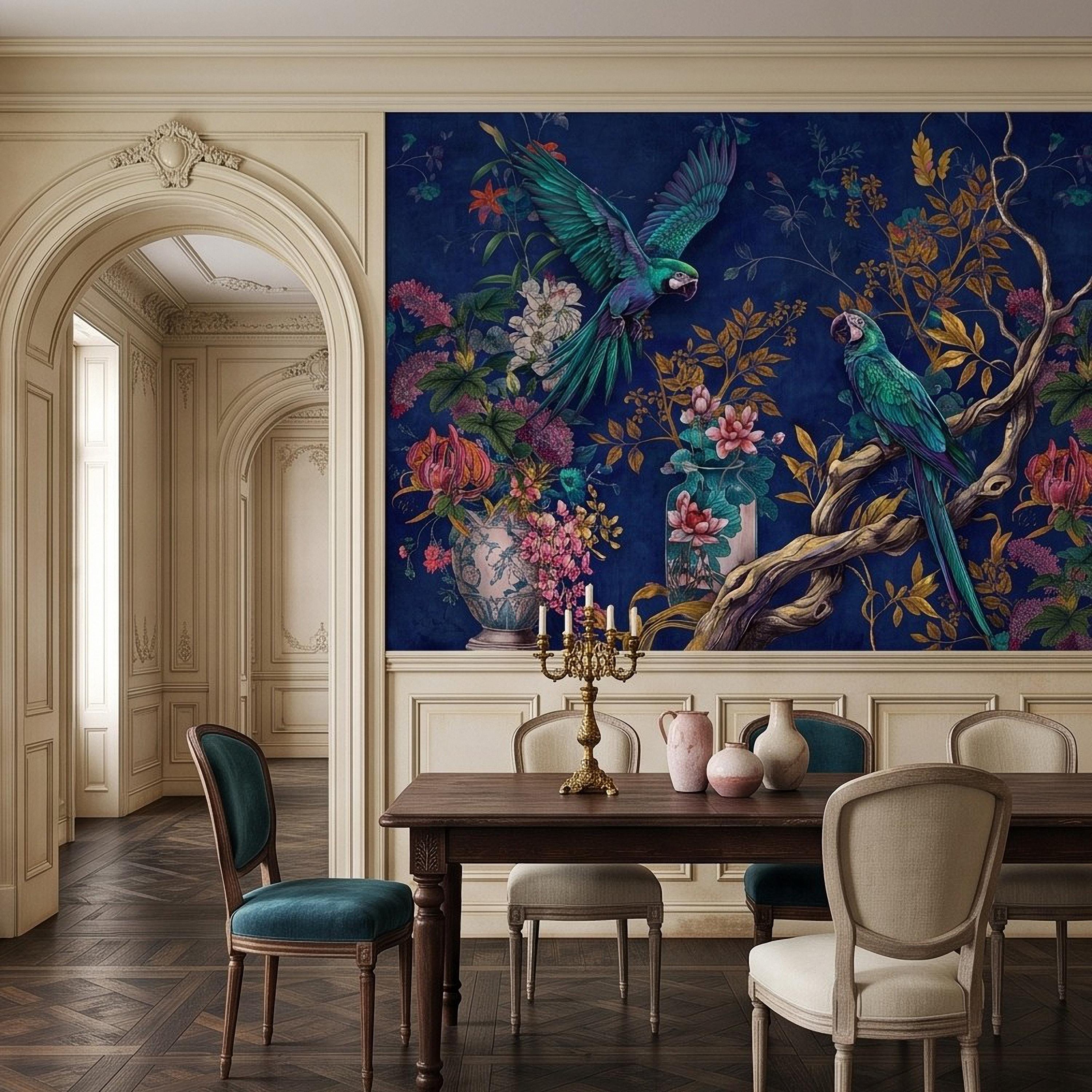 Tropical Parrot Peel and Stick Wall Mural, Exotic Macaw Birds Chinoiserie Botanical Floral Navy Blue Luxury Wallpaper