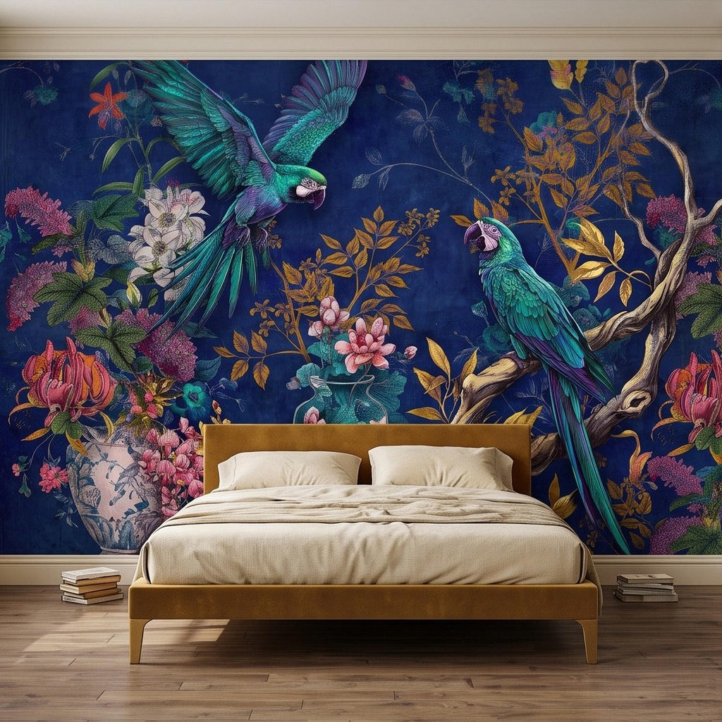 Tropical Parrot Peel and Stick Wall Mural, Exotic Macaw Birds Chinoiserie Botanical Floral Navy Blue Luxury Wallpaper