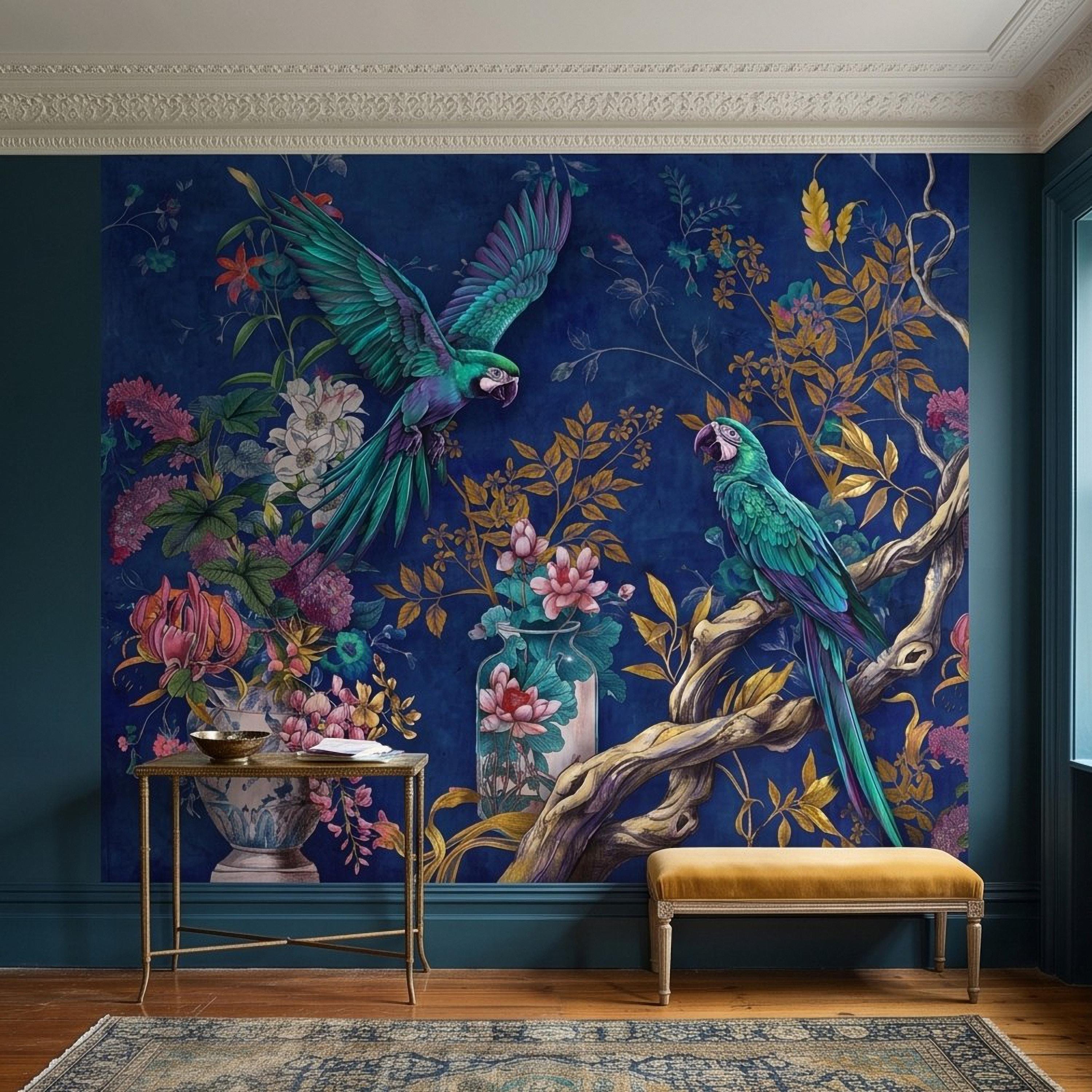 Tropical Parrot Peel and Stick Wall Mural, Exotic Macaw Birds Chinoiserie Botanical Floral Navy Blue Luxury Wallpaper