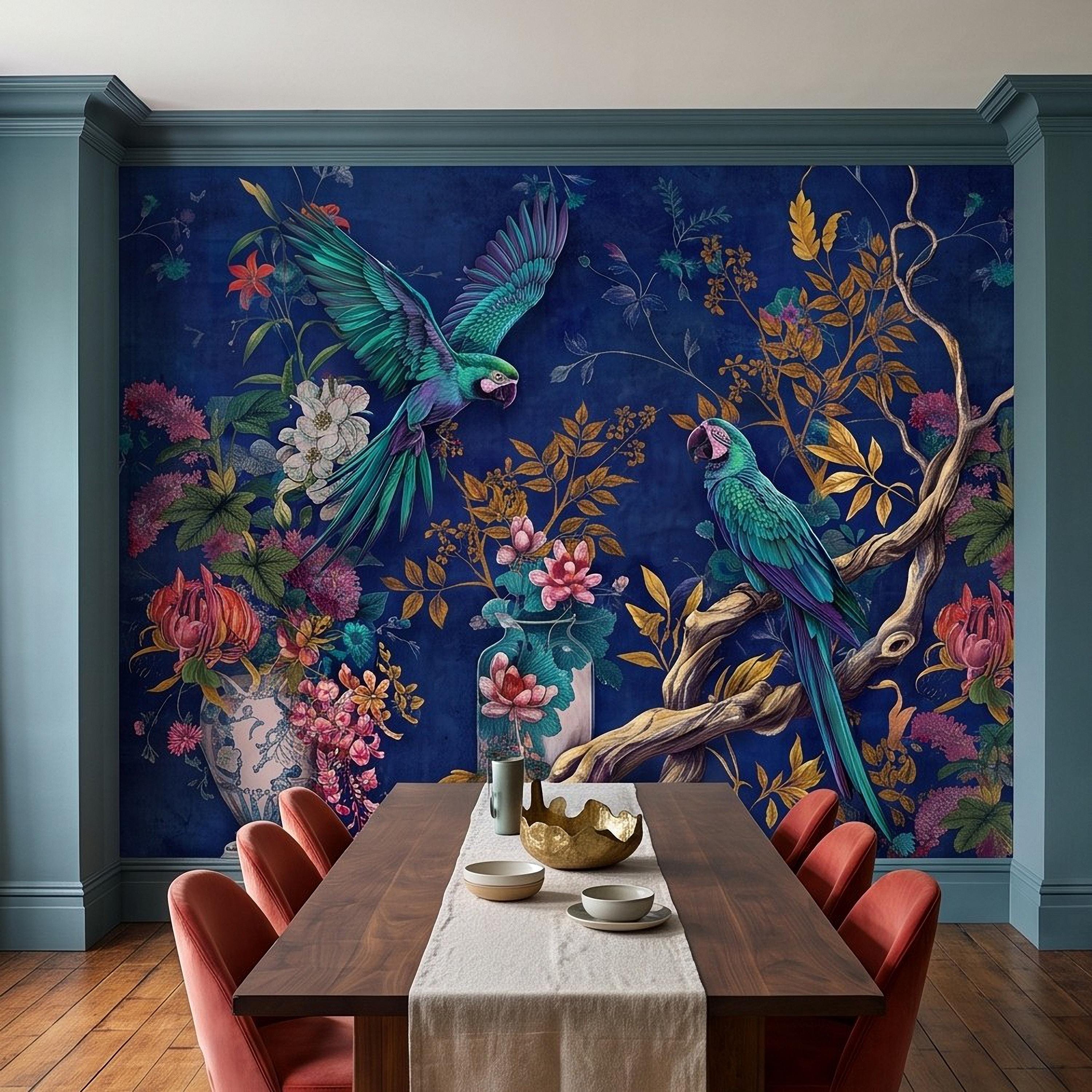 Tropical Parrot Peel and Stick Wall Mural, Exotic Macaw Birds Chinoiserie Botanical Floral Navy Blue Luxury Wallpaper